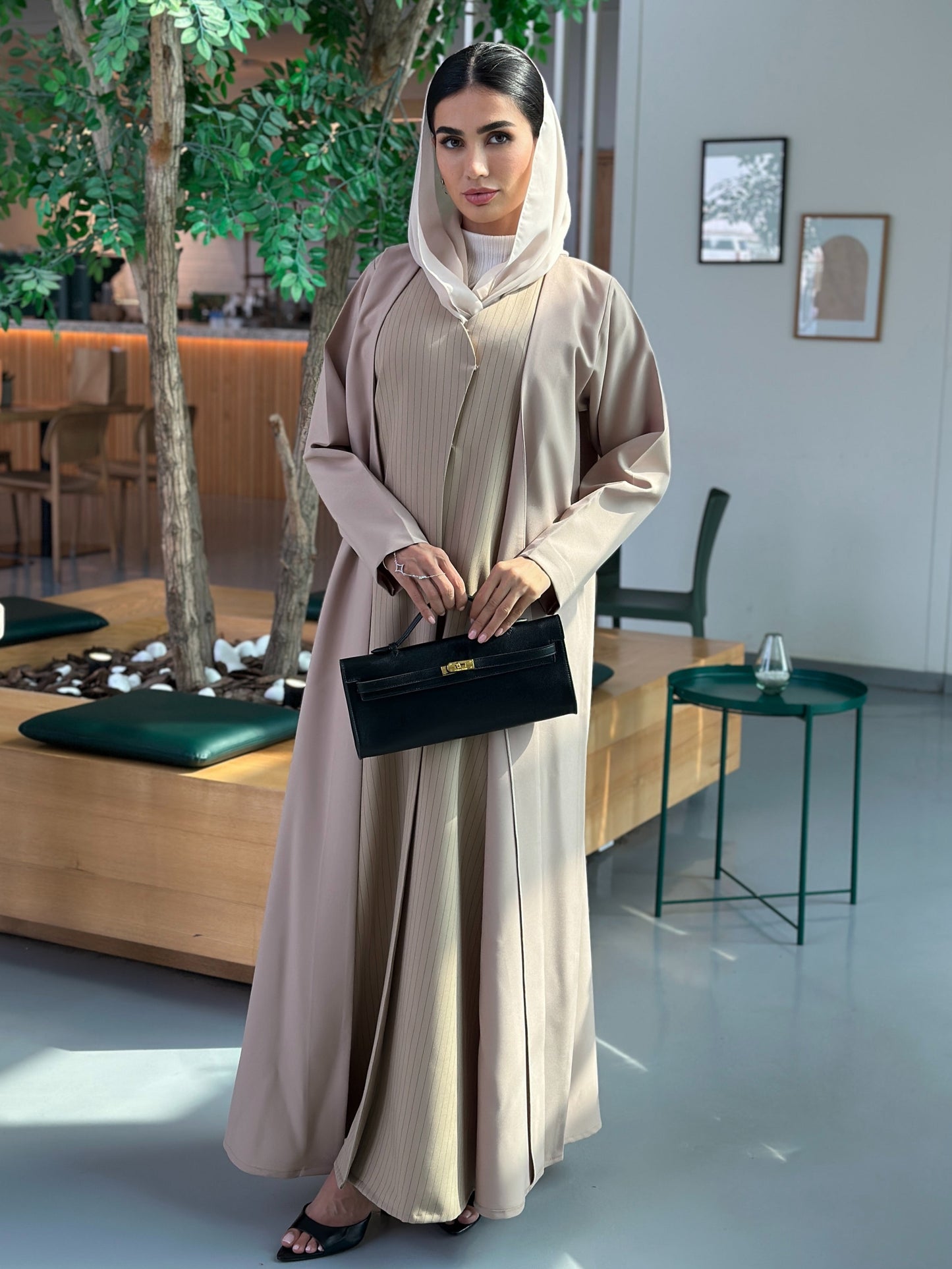 AT398 Beige work Abaya