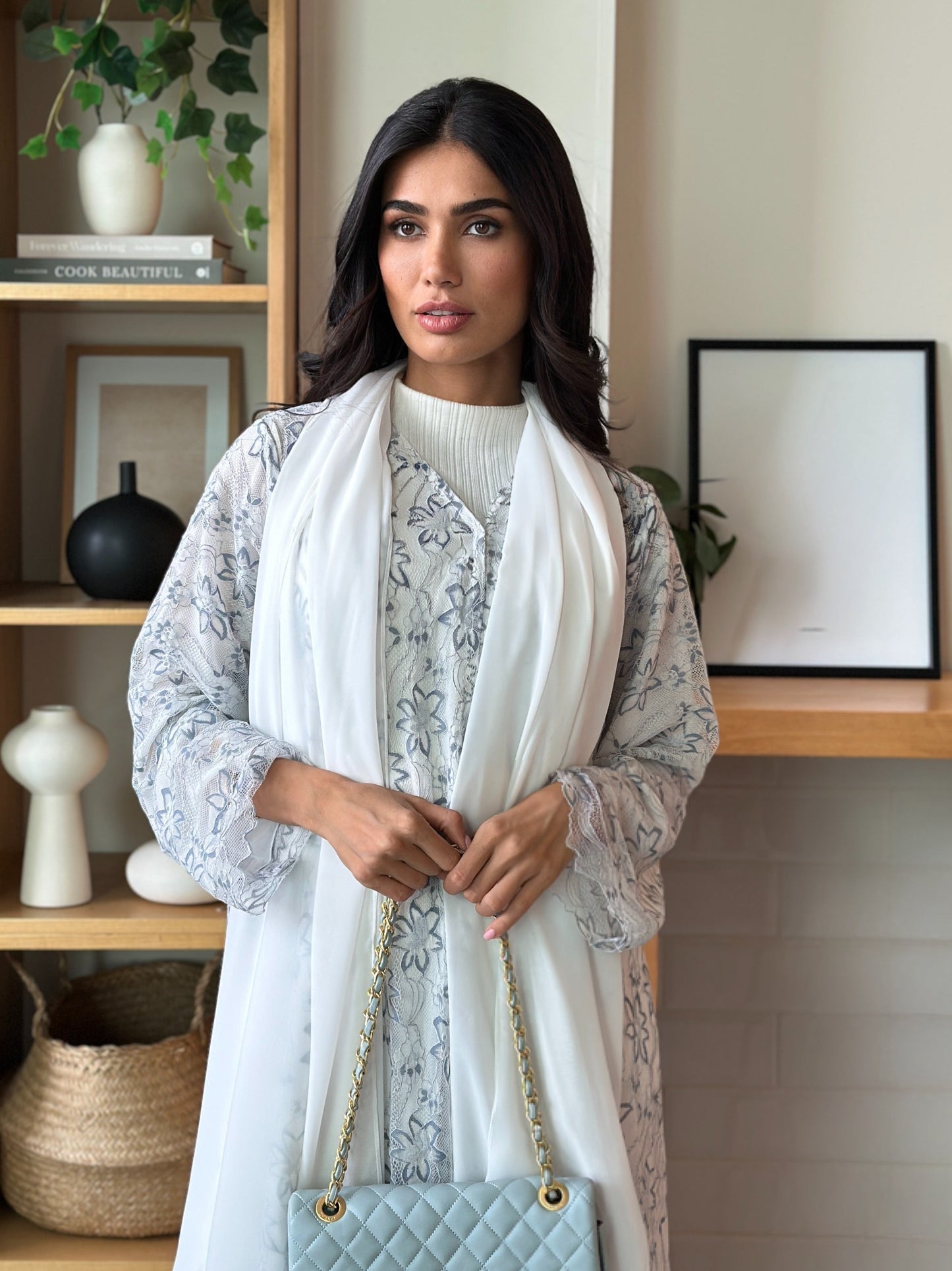 AT395 White Lace Abaya