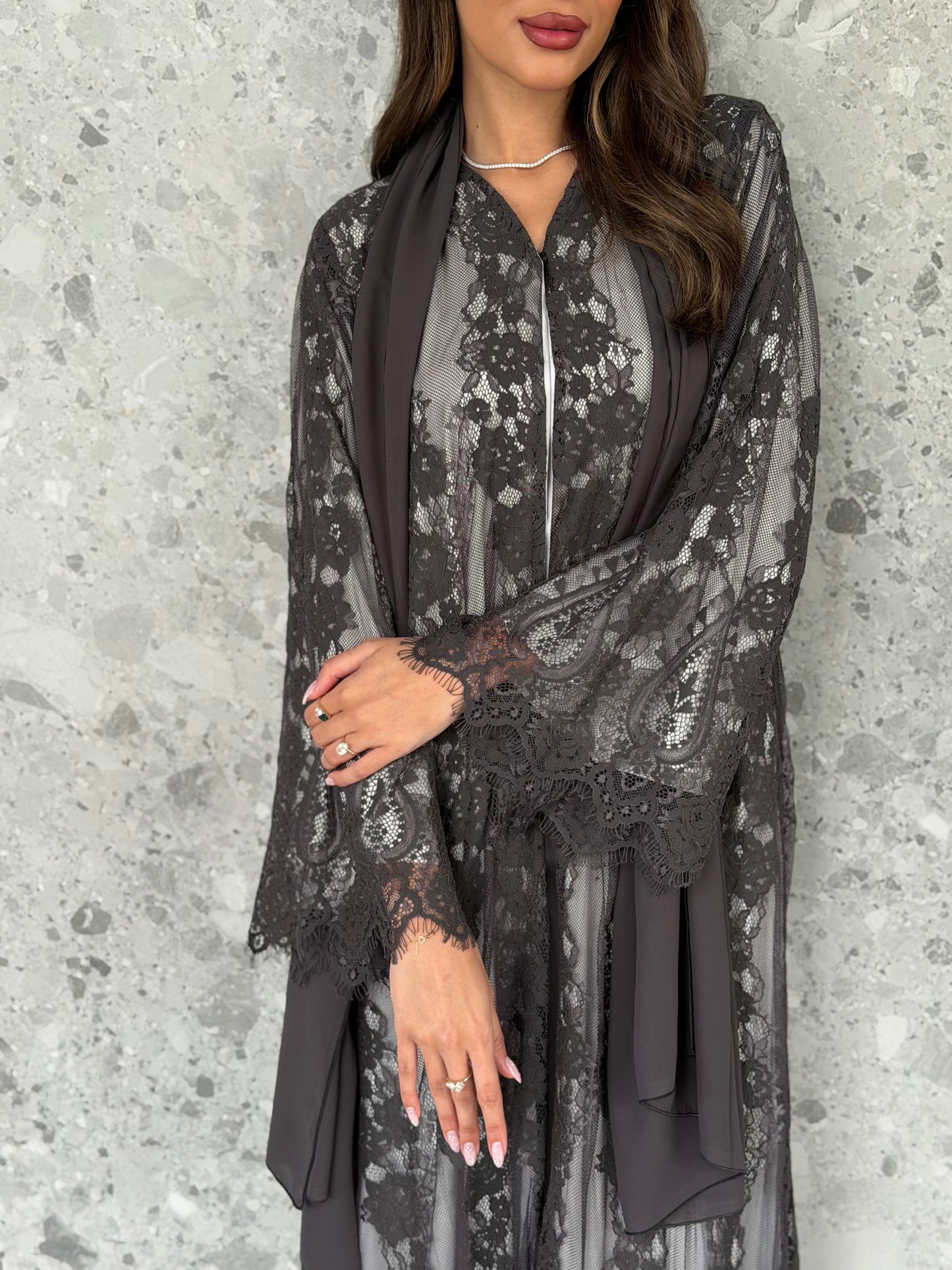 AT517 Lace gray Abaya