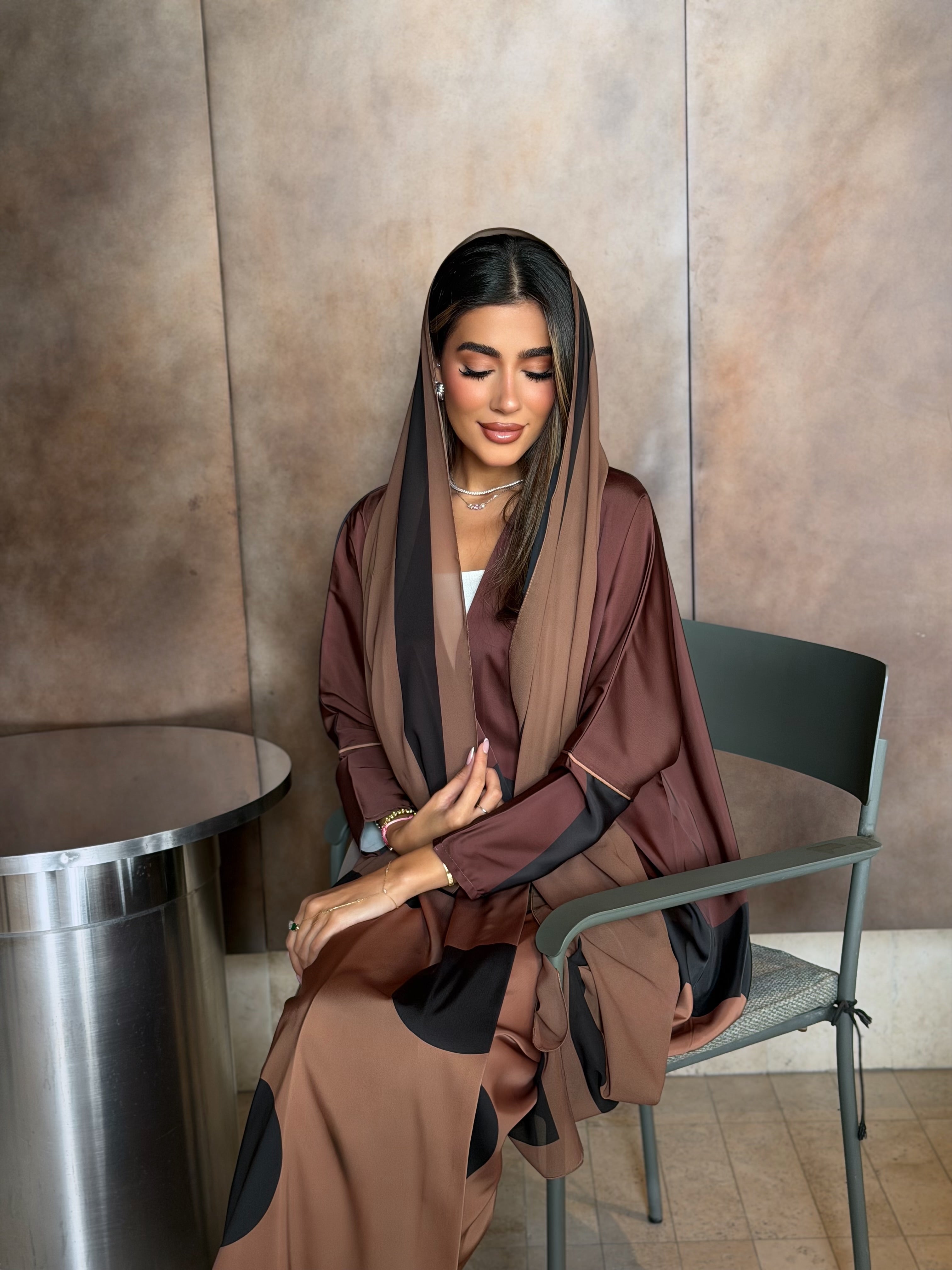 AT582 Polka Brown  print Bisht Abaya