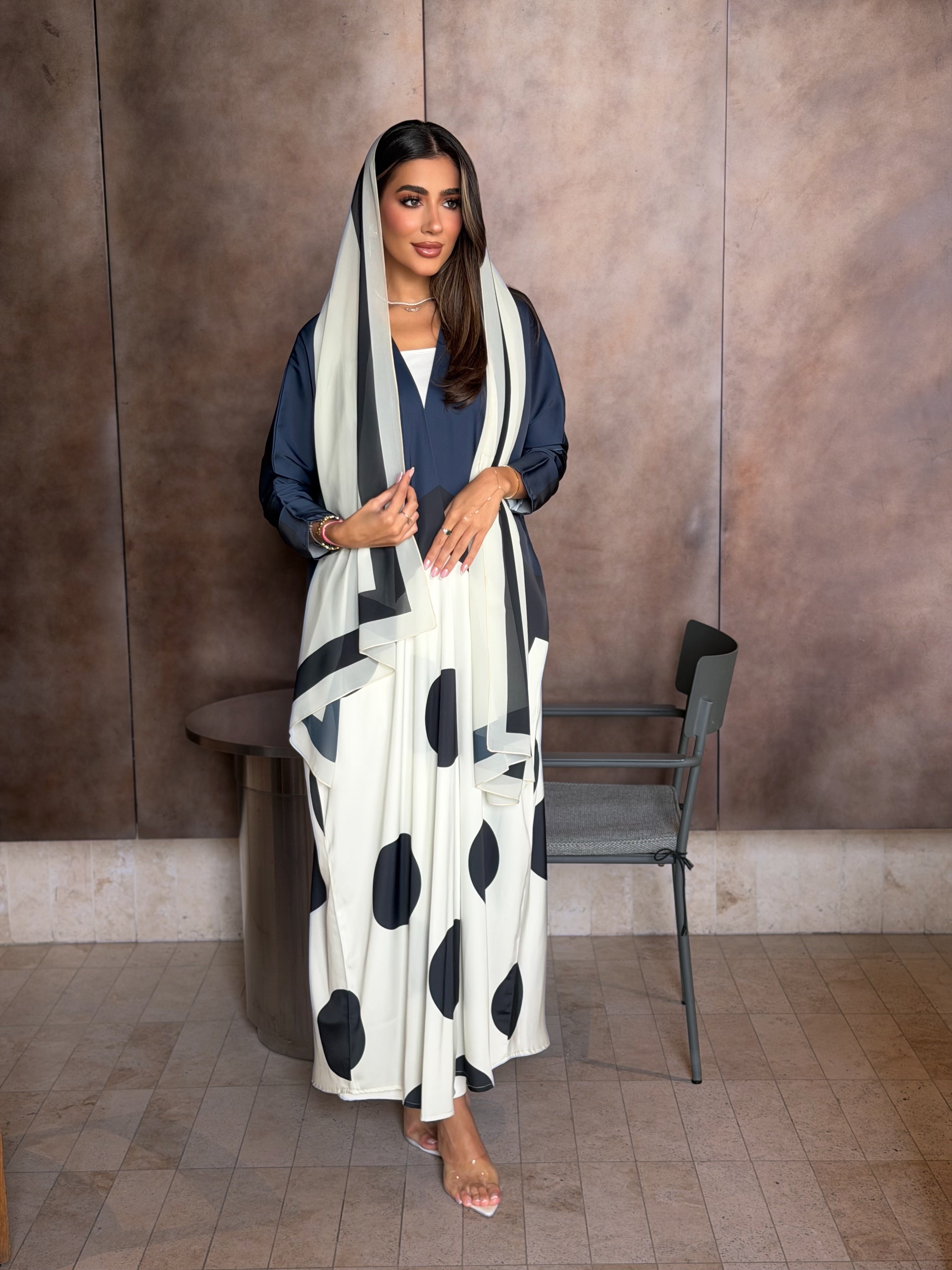 AT583 Polka Navy  print Bisht Abaya
