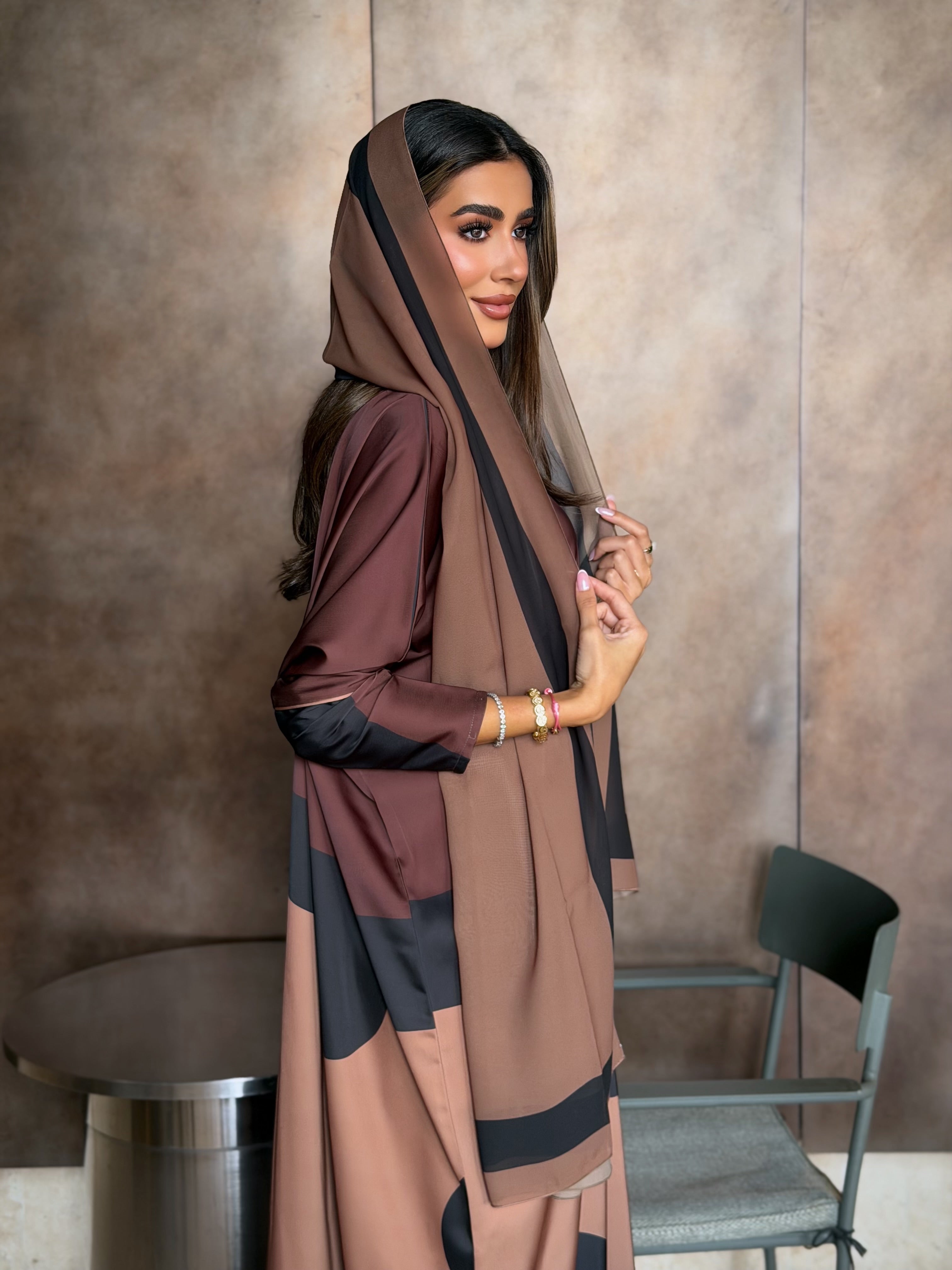 AT582 Polka Brown  print Bisht Abaya