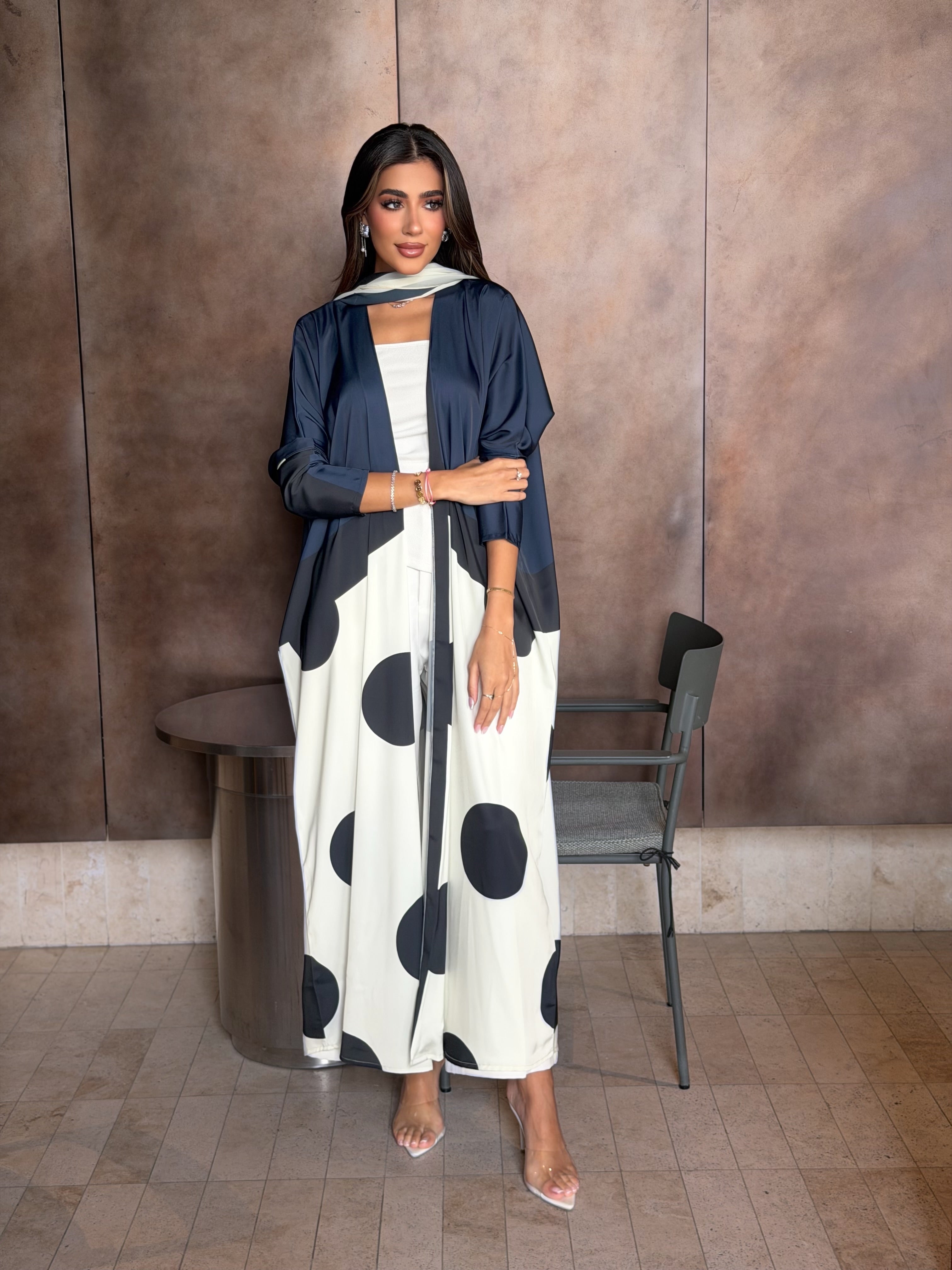 AT583 Polka Navy  print Bisht Abaya