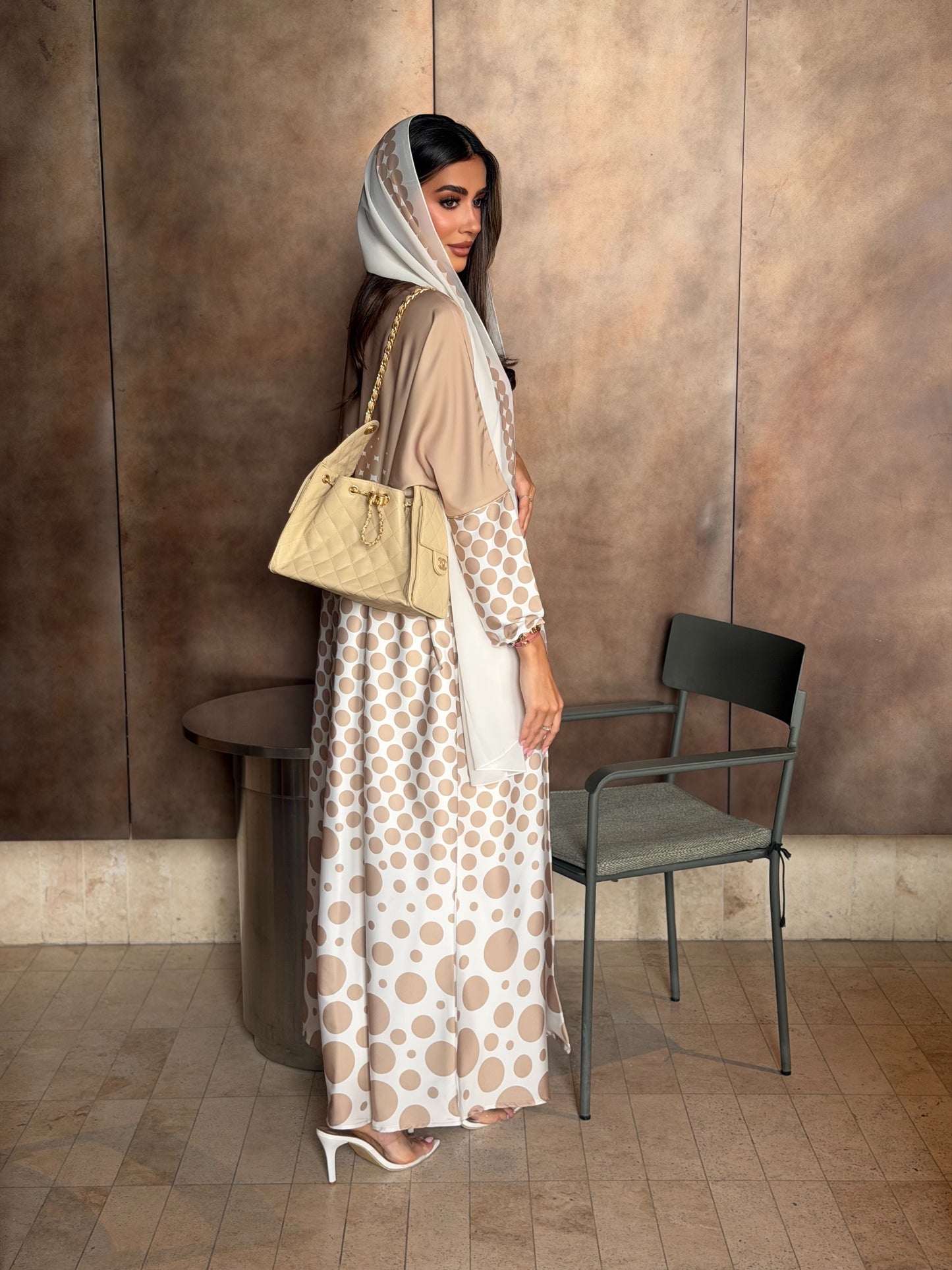 AT576 Polka print Bisht Abaya
