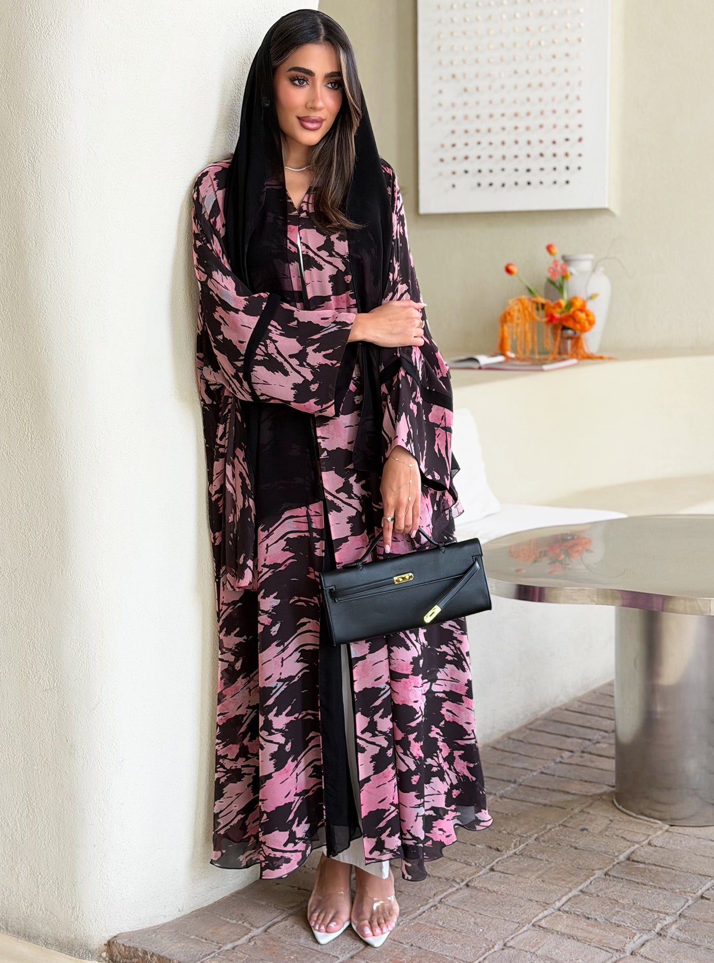 AT567 Midnight Rose Double Chiffon Bisht Abaya
