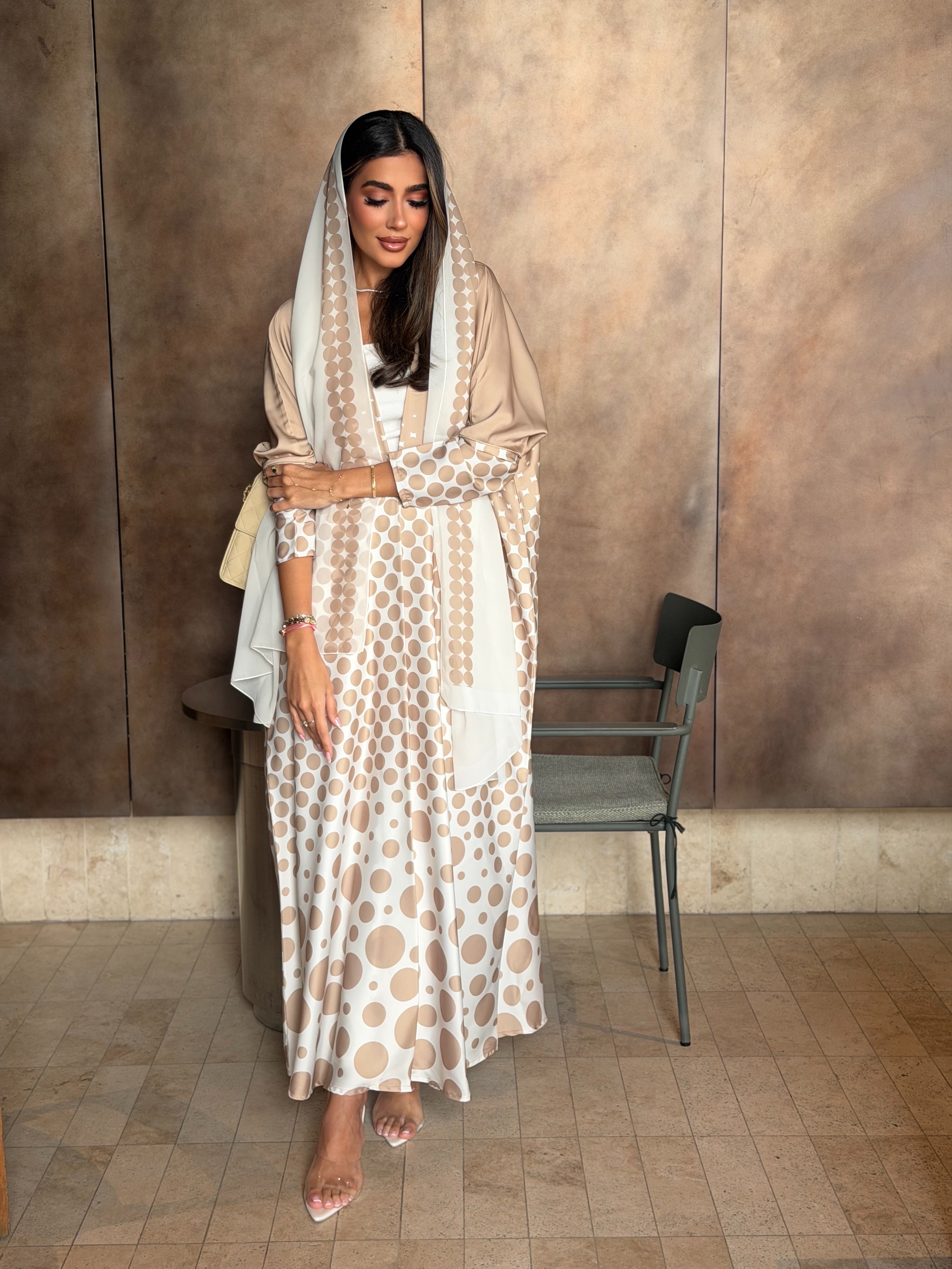 AT576 Polka print Bisht Abaya