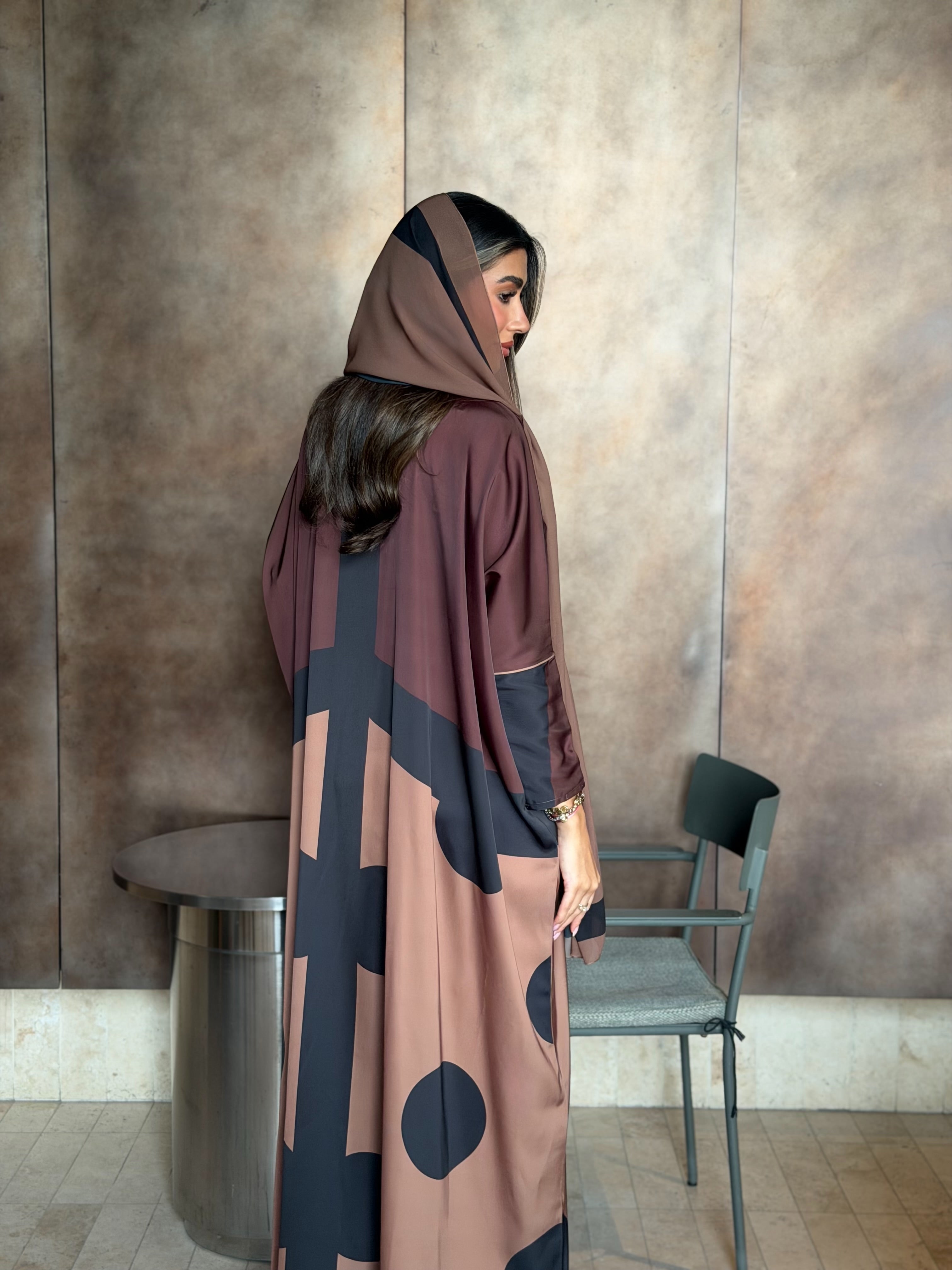AT582 Polka Brown  print Bisht Abaya