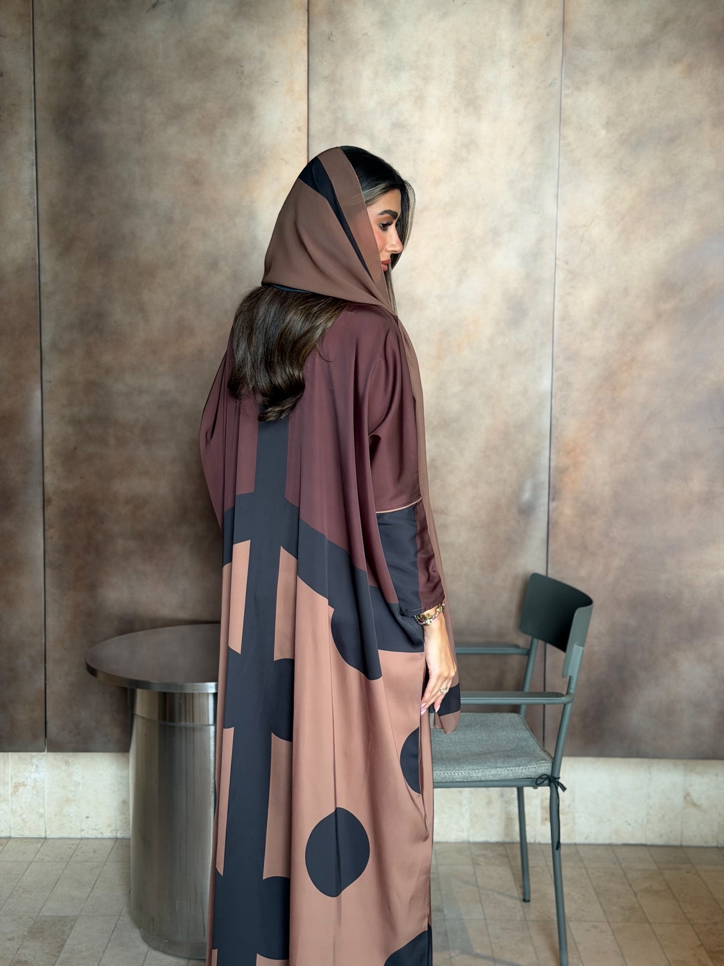 AT582 Polka Brown  print Bisht Abaya