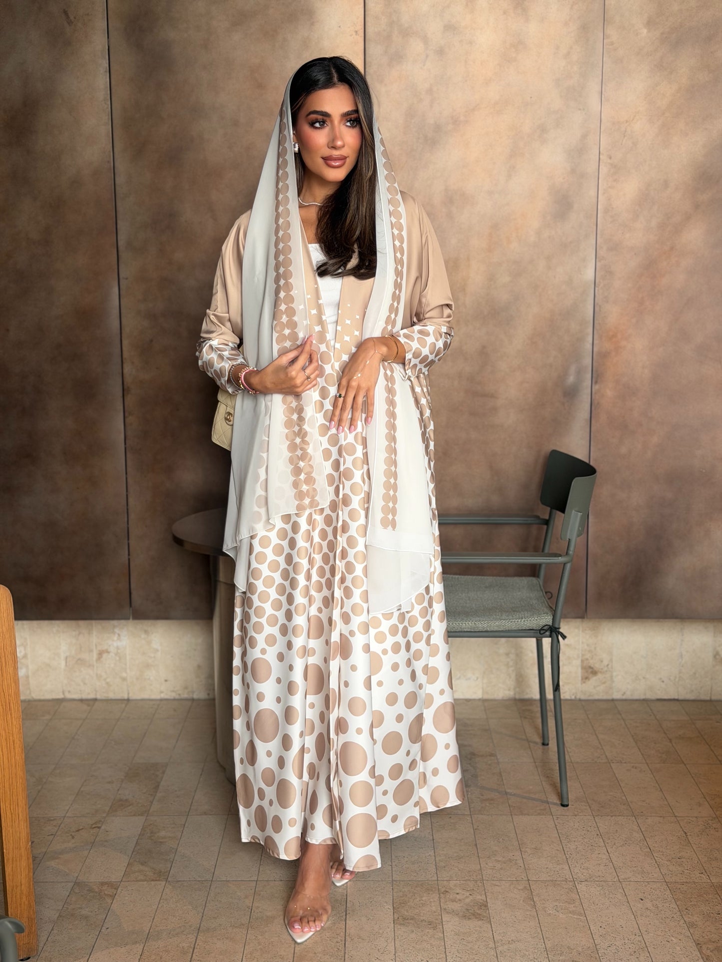 AT576 Polka print Bisht Abaya