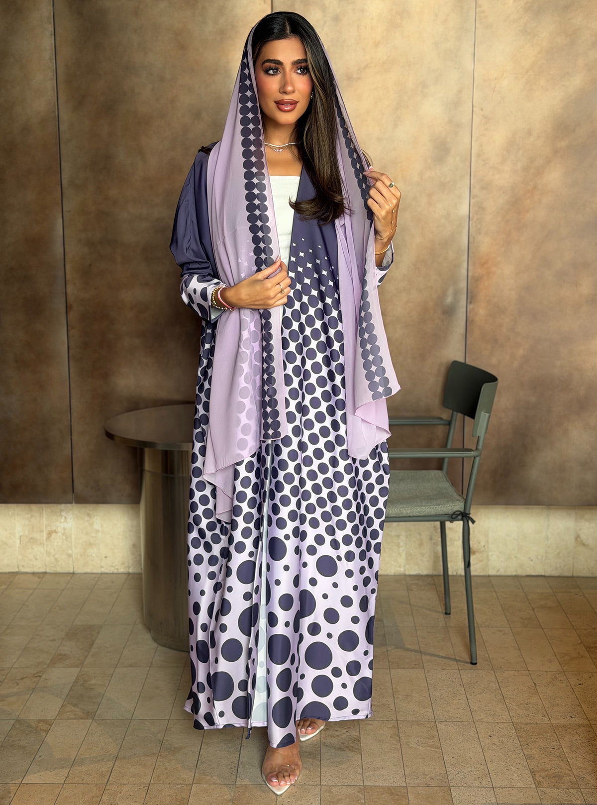 AT575 Polka print Bisht Abaya