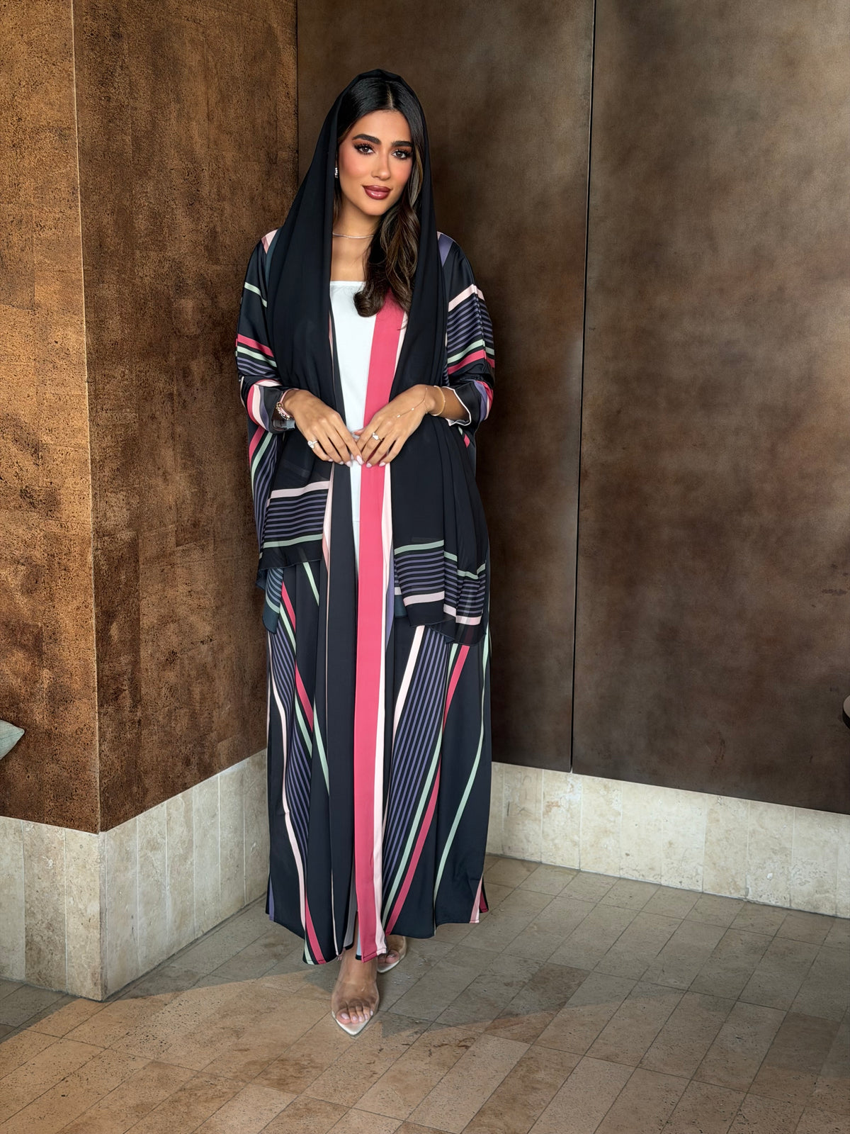 AT601 Black stripe print Half Bisht Abaya