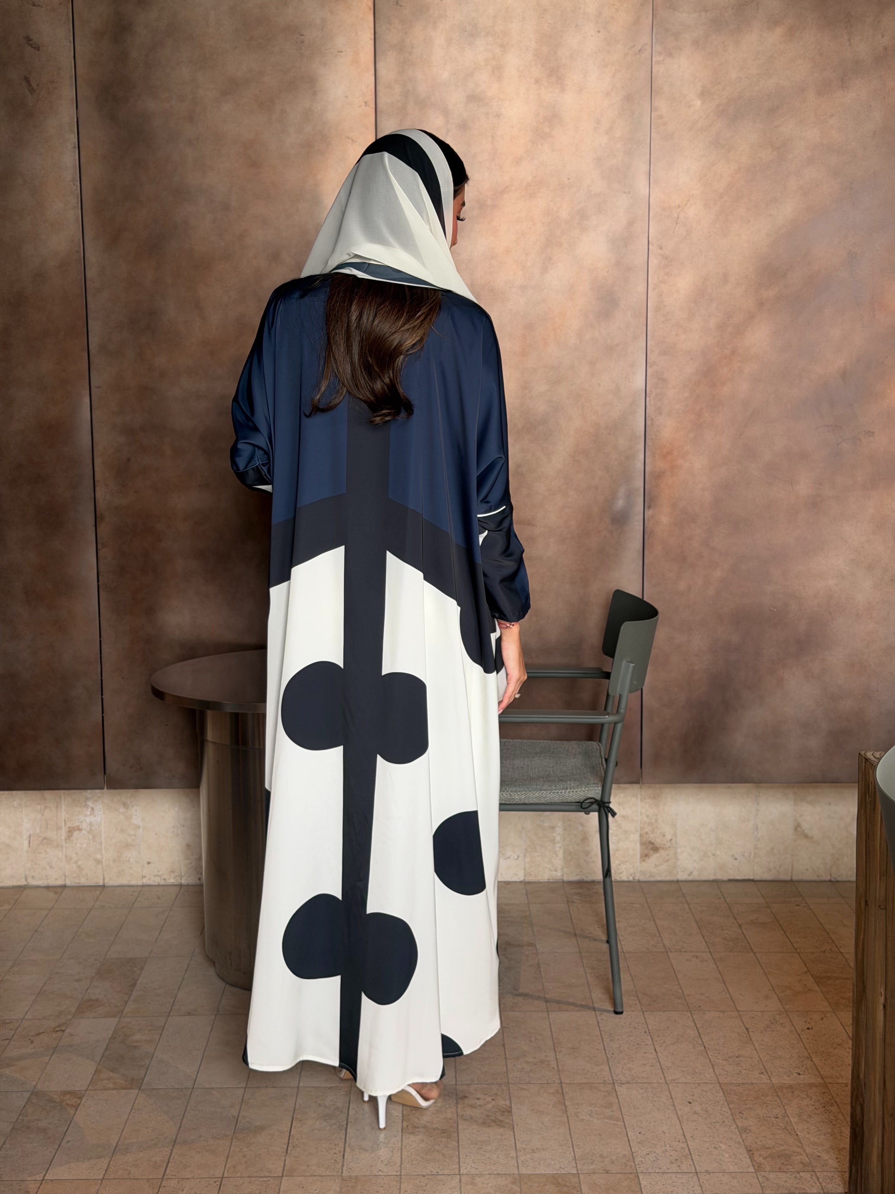 AT583 Polka Navy  print Bisht Abaya