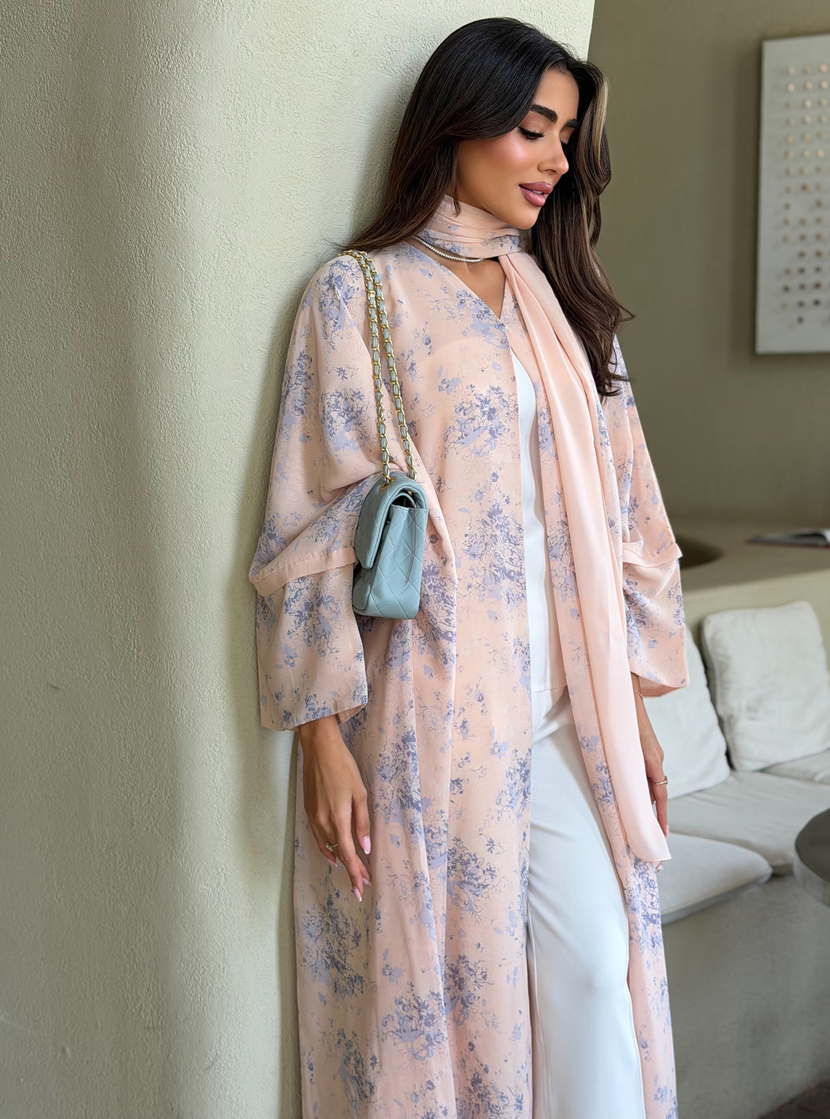 AT566 Blush Bloom Double Chiffon Bisht Abaya