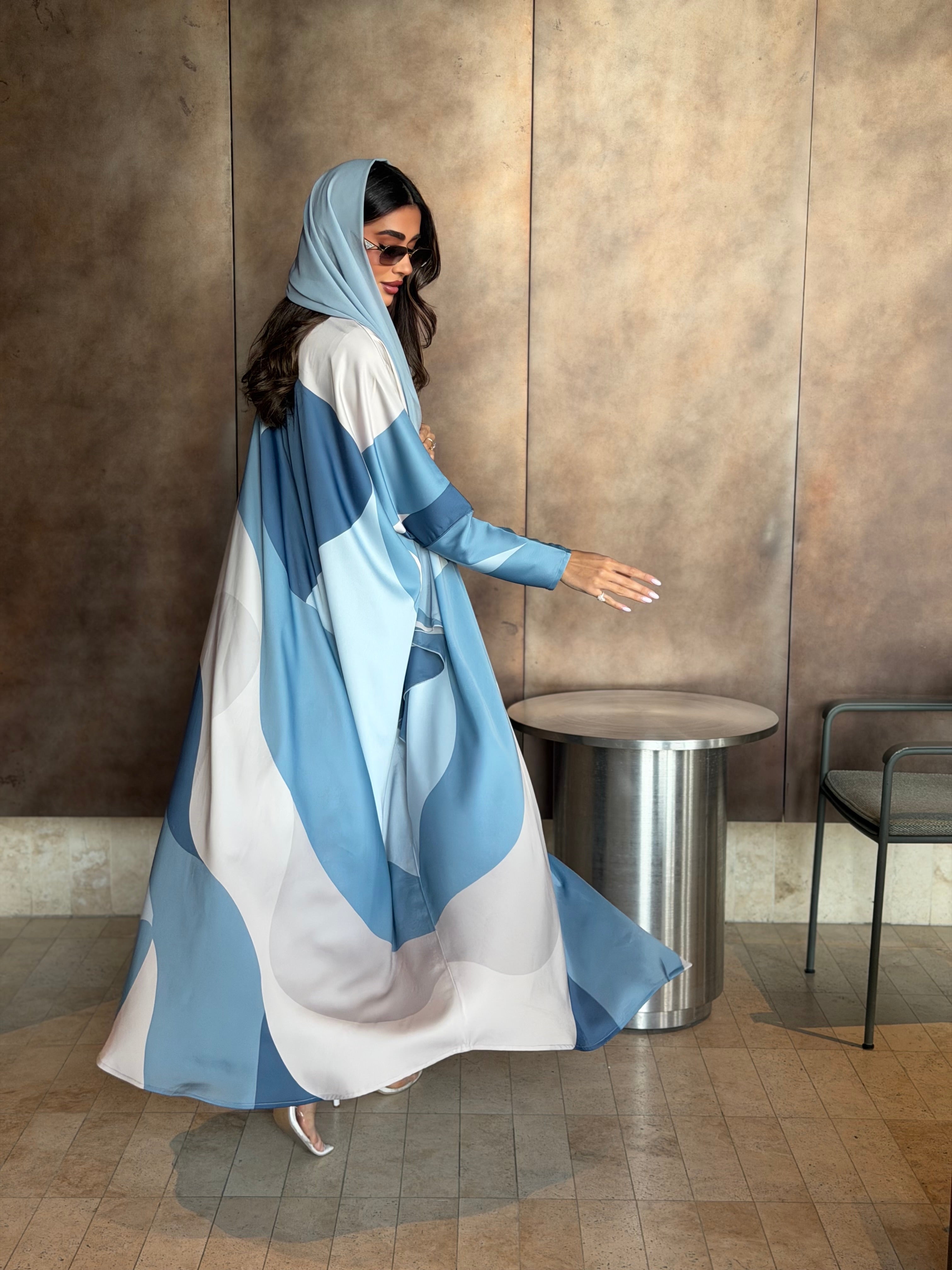 AT597 Blue wave  print Half Bisht Abaya