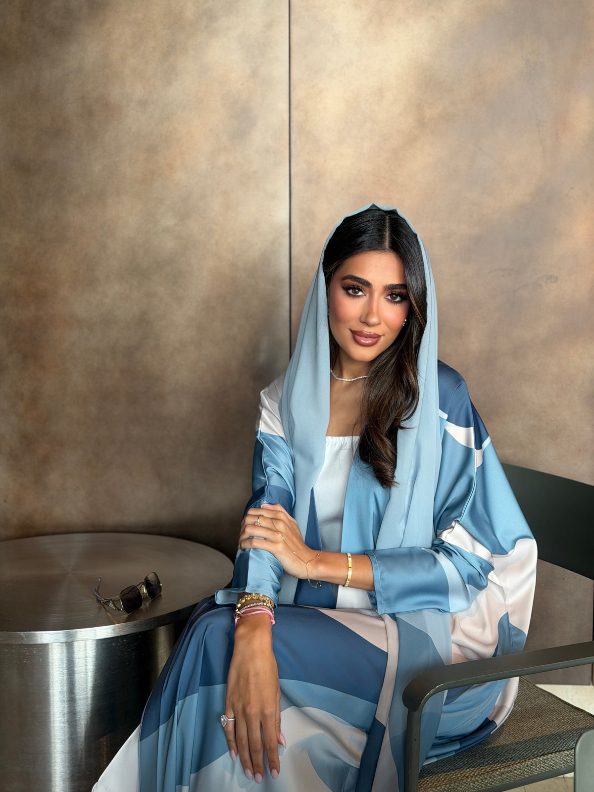 AT597 Blue wave  print Half Bisht Abaya
