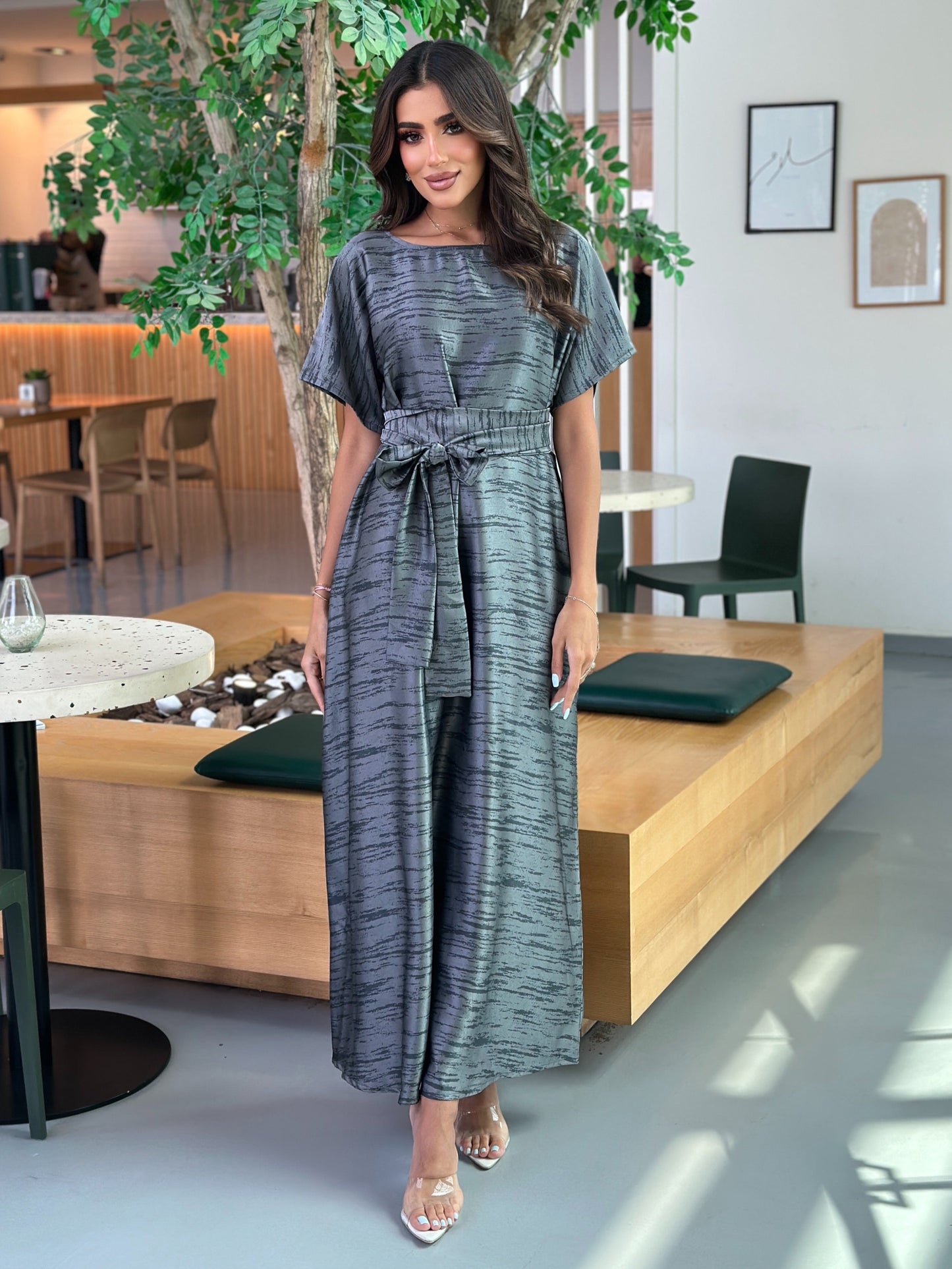 A013-gray crepe silk dress