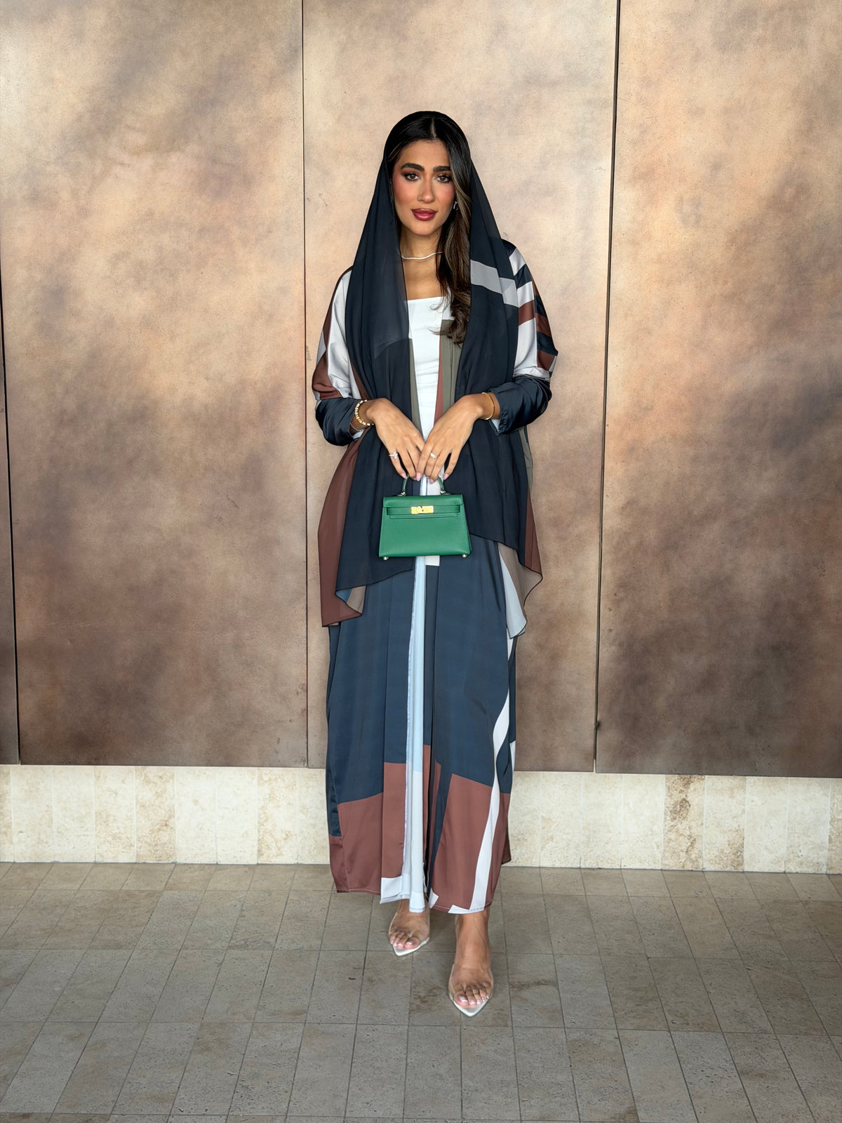 AT591 green print Bisht Abaya