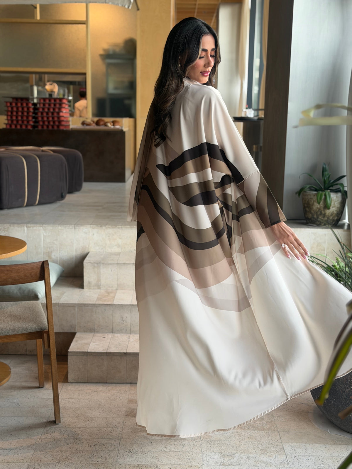 AT589 Beige print Bisht Abaya