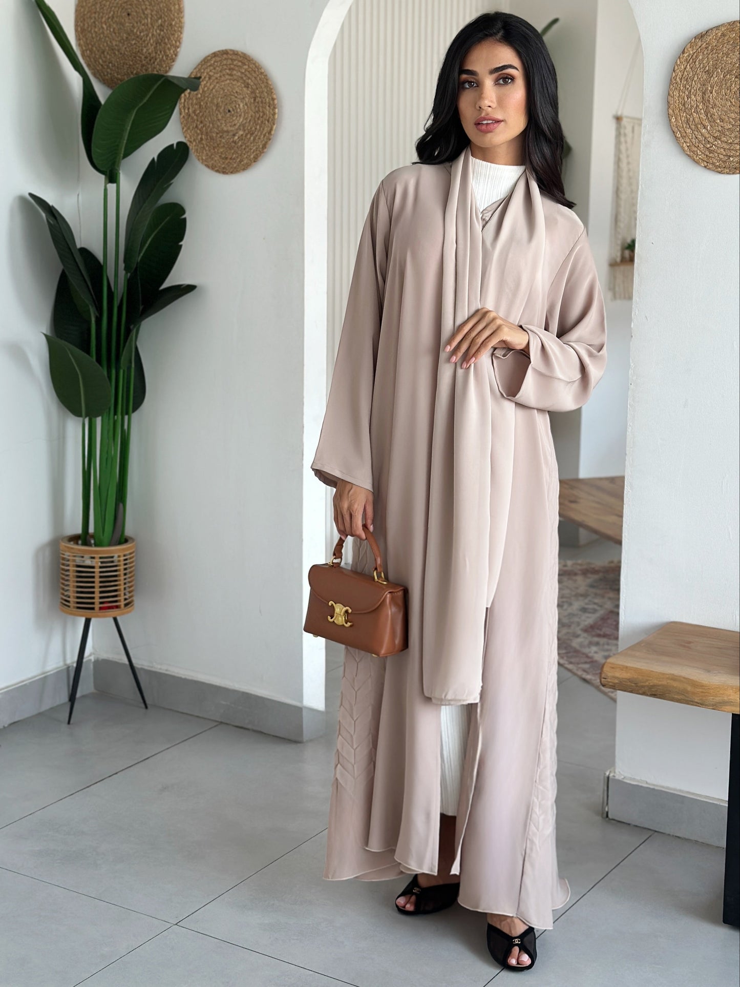 AT382  Beige Pelate Abaya
