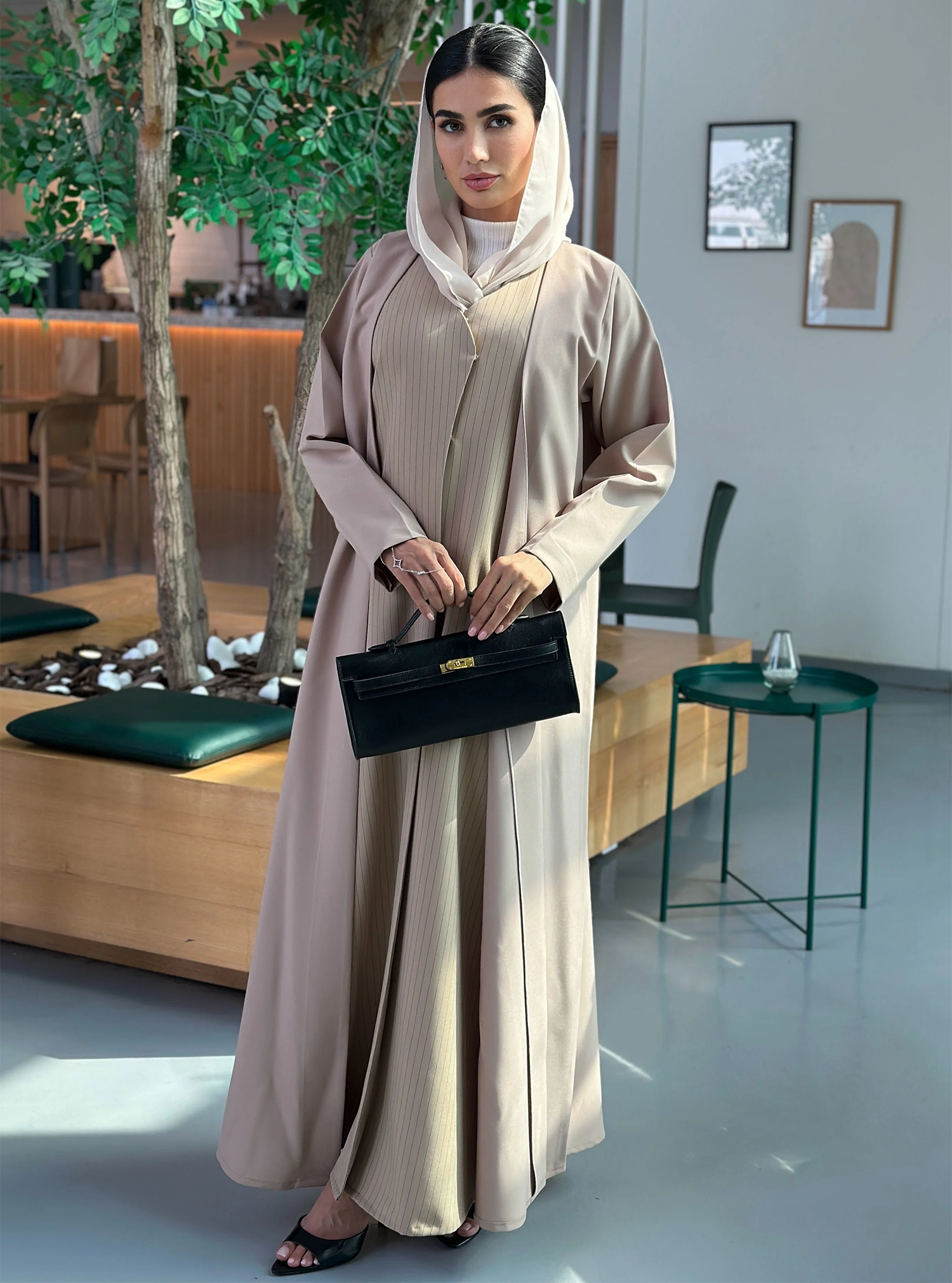 AT398 Beige work  Abaya
