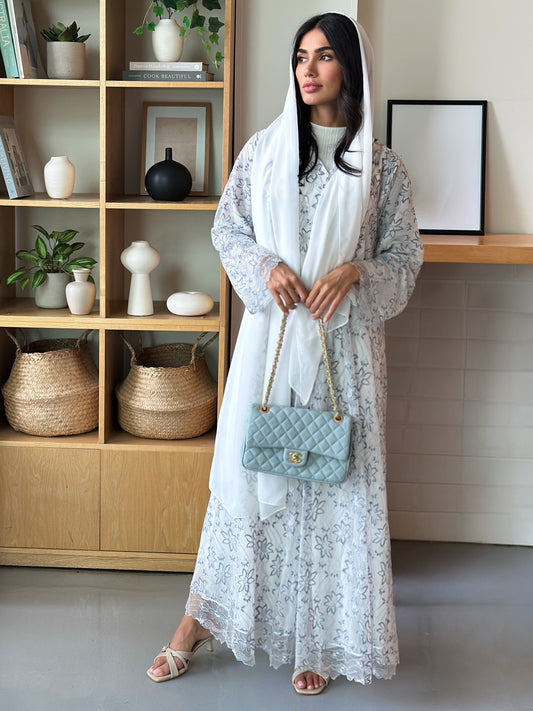 AT395 White Lace Abaya