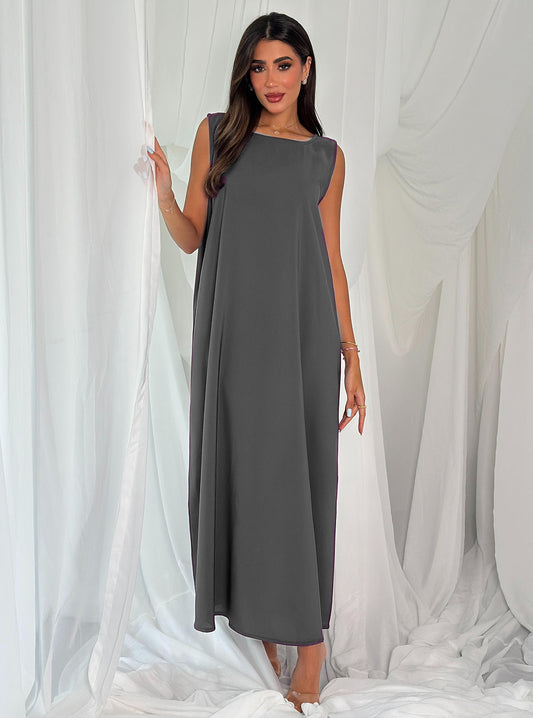 A008- crepe A-cut gray dress