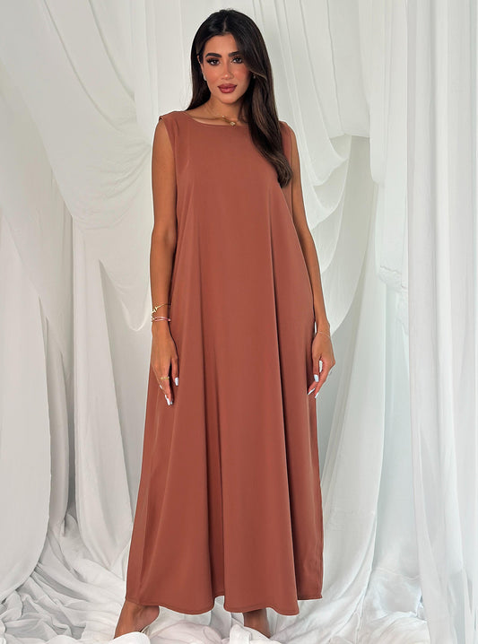 A001- crepe A-cut peach dress