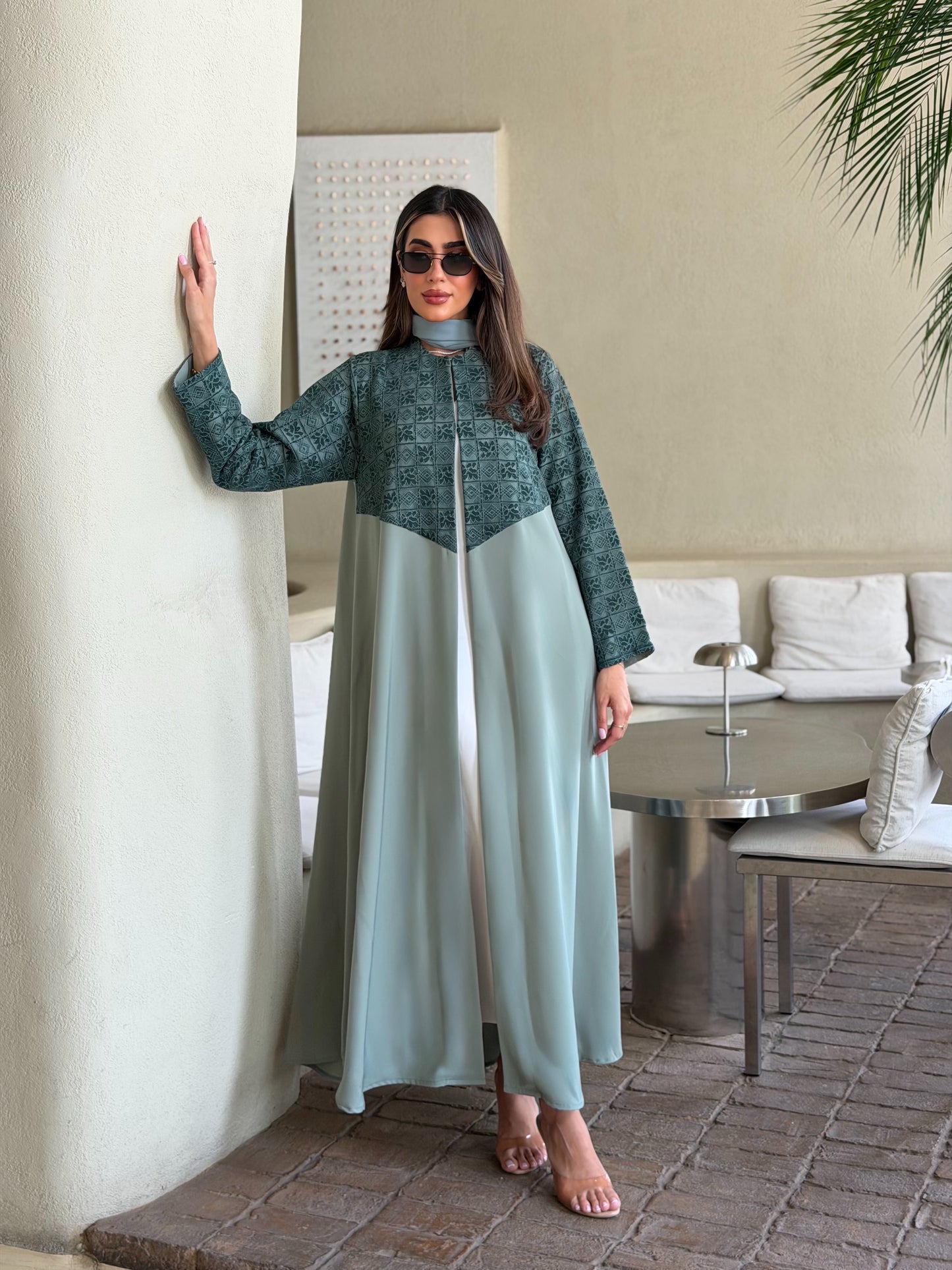 AT551 Sage Lace A-Cut Abaya