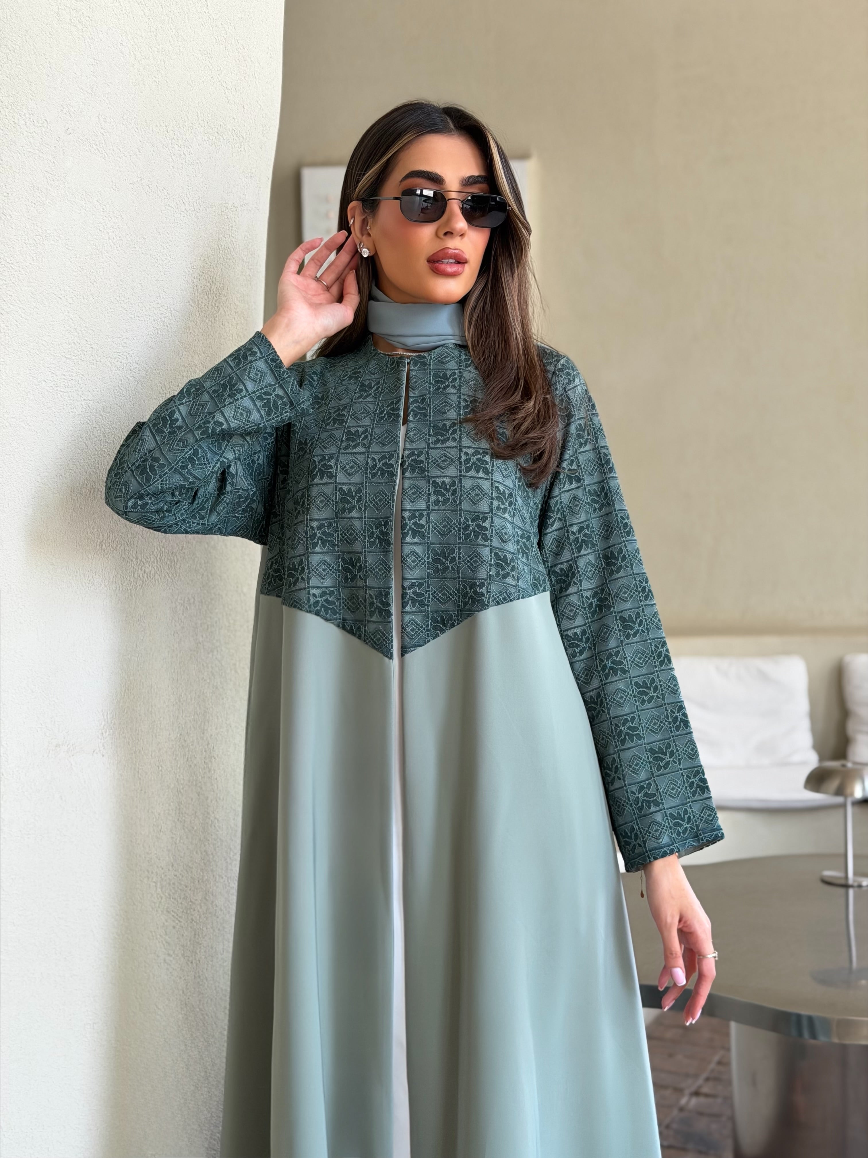 AT551 Sage Lace A-Cut Abaya