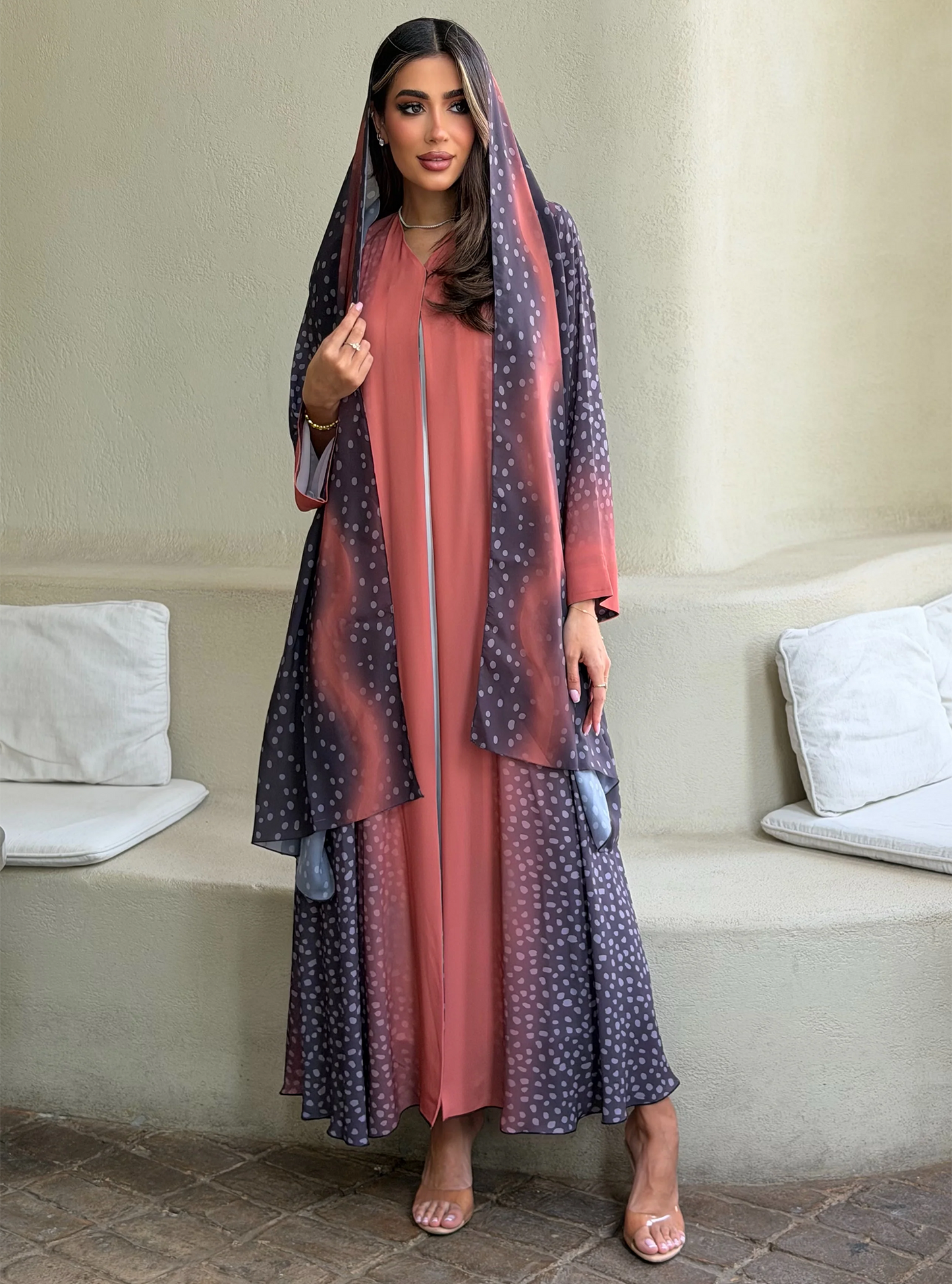 AT548 Ombre Dot A-Cut Abaya