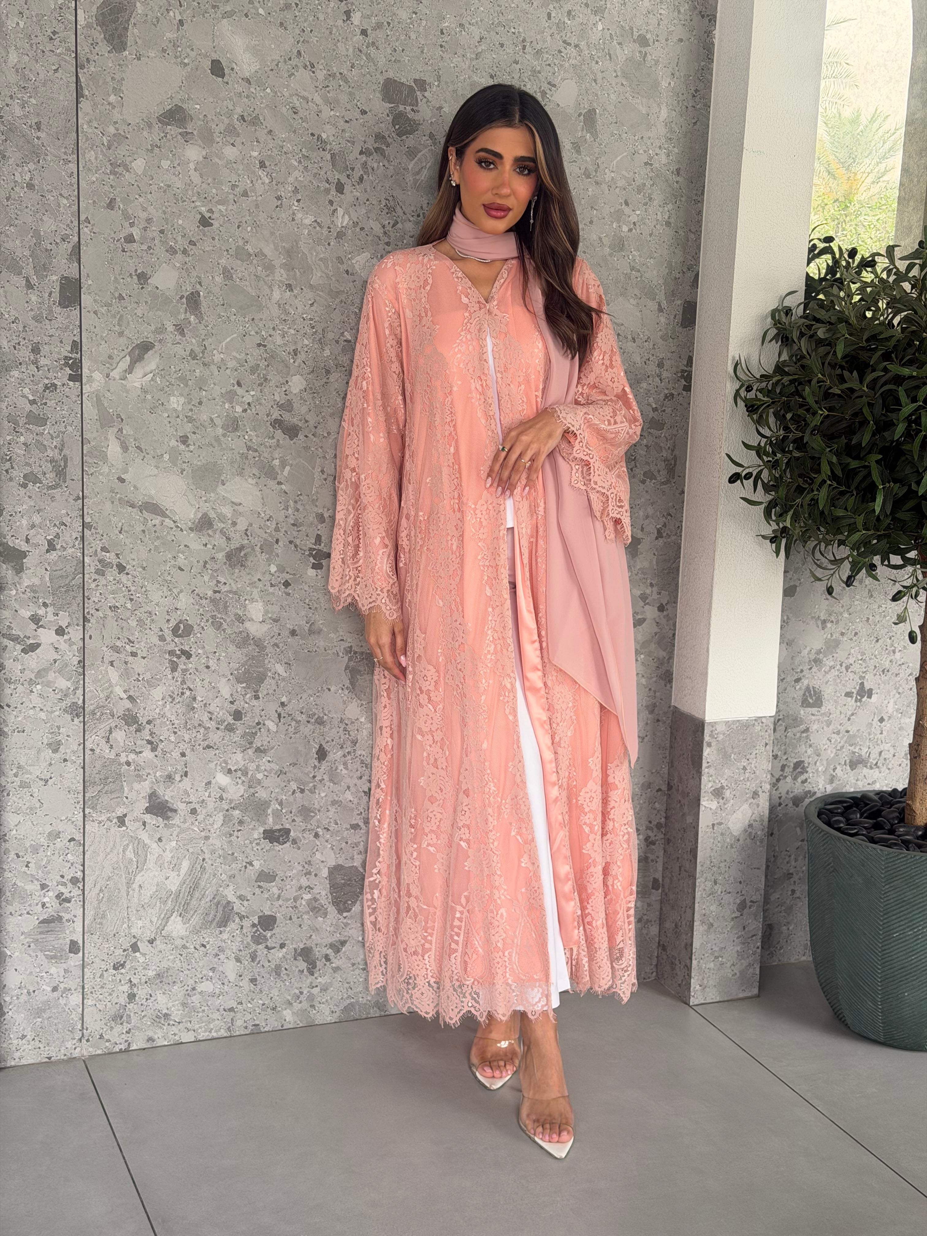 AT516 Lace peach  abaya