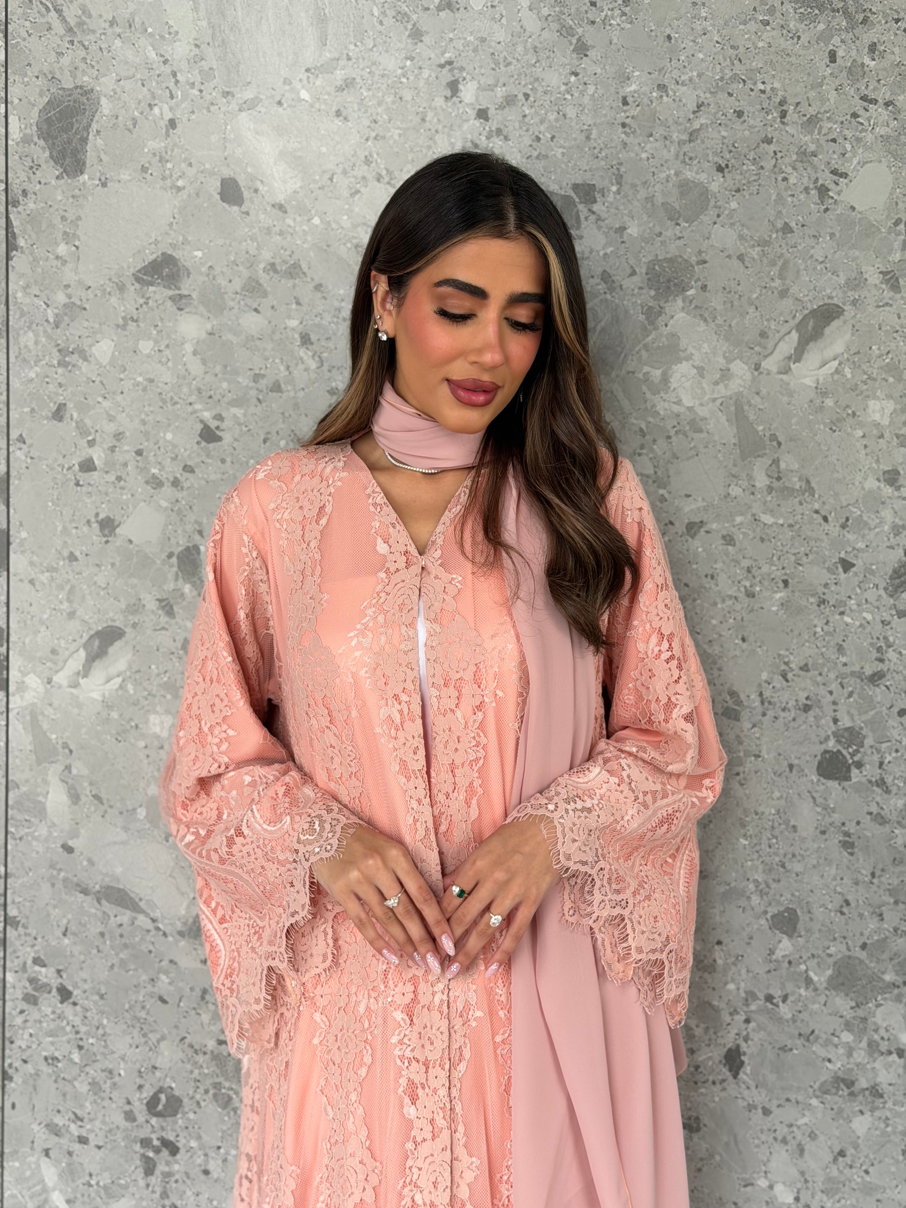 AT516 Lace peach  abaya