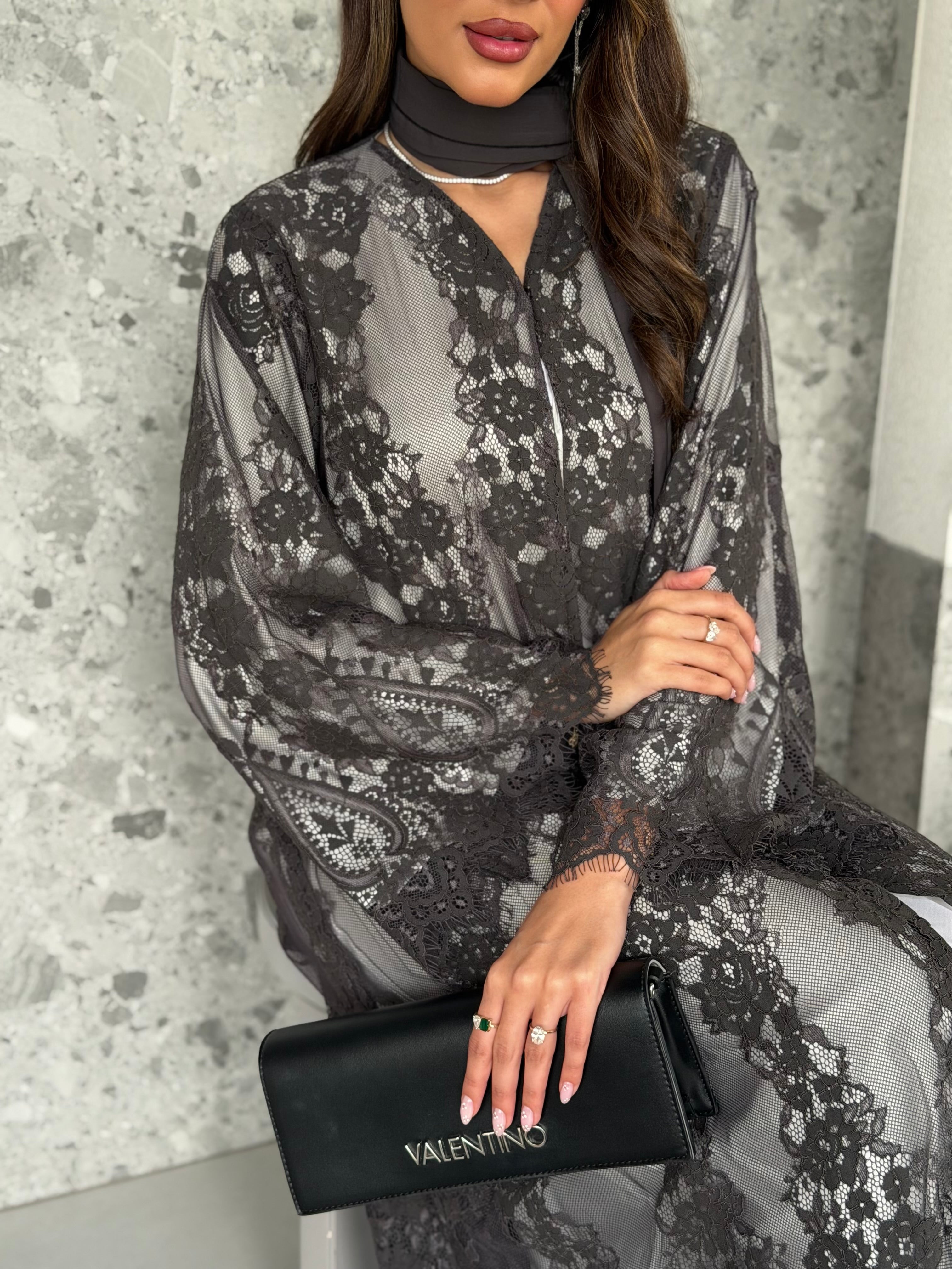 AT517 Lace gray Abaya