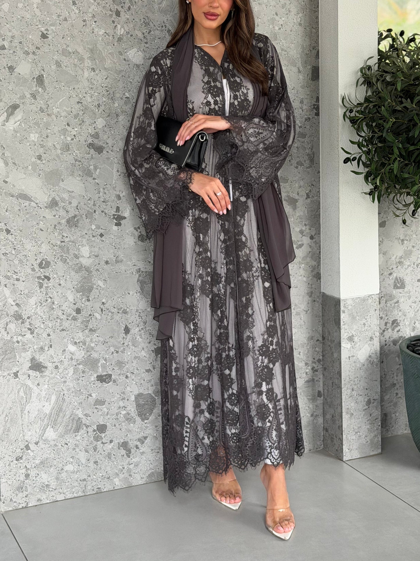 AT517 Lace gray Abaya