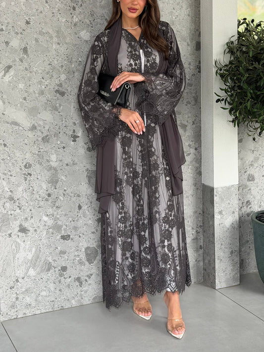 AT517 Lace gray Abaya