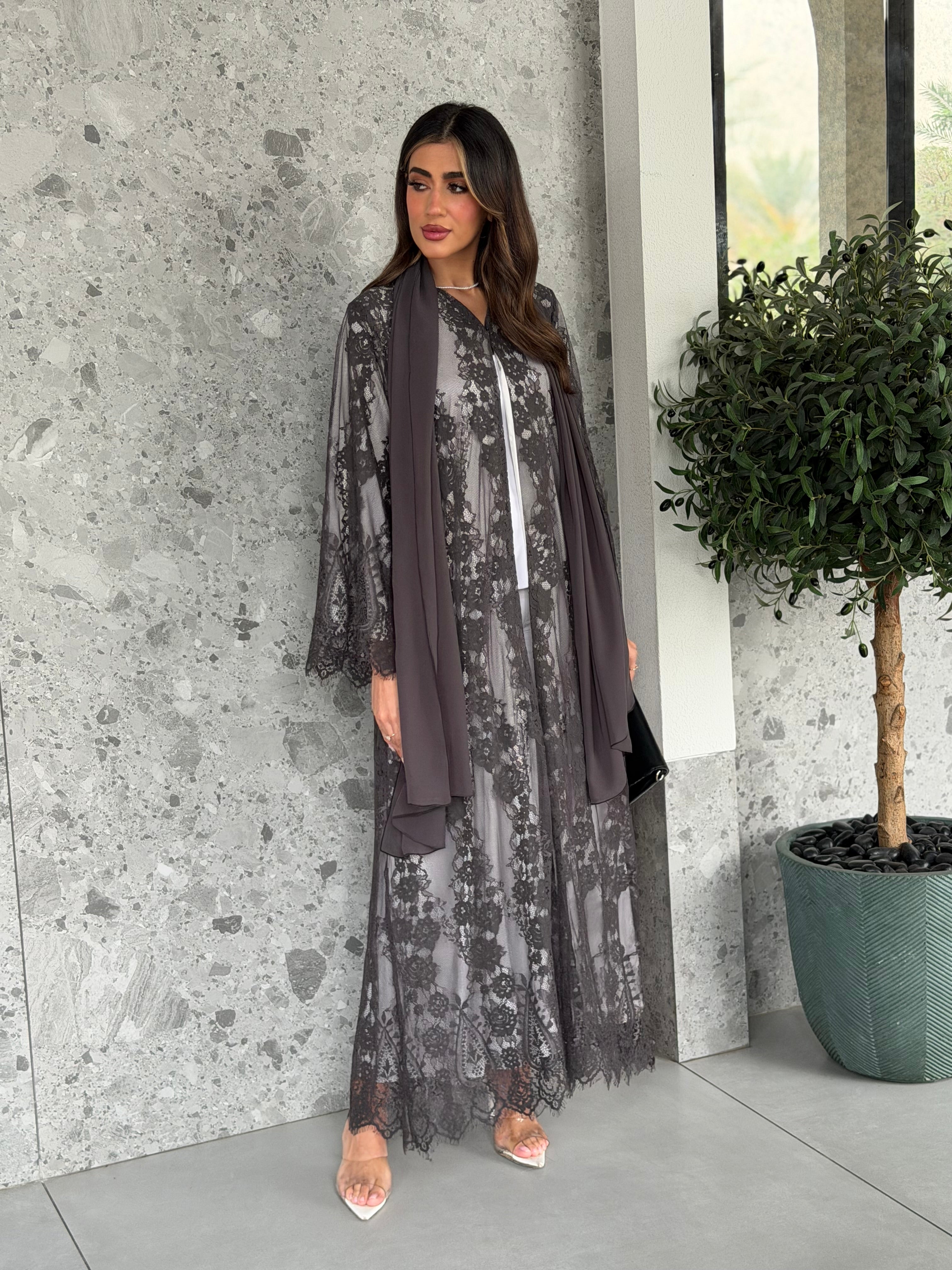 AT517 Lace gray Abaya