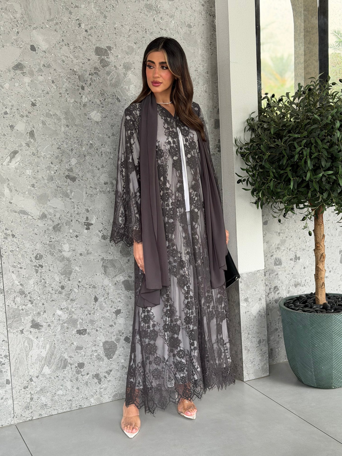 AT517 Lace gray Abaya