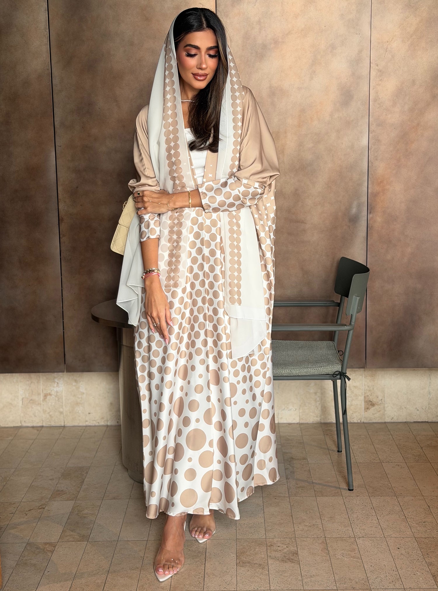 AT576 Polka print Bisht Abaya