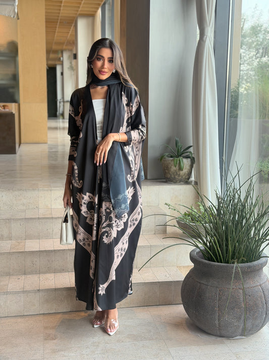 AT594 Black print Half Bisht Abaya