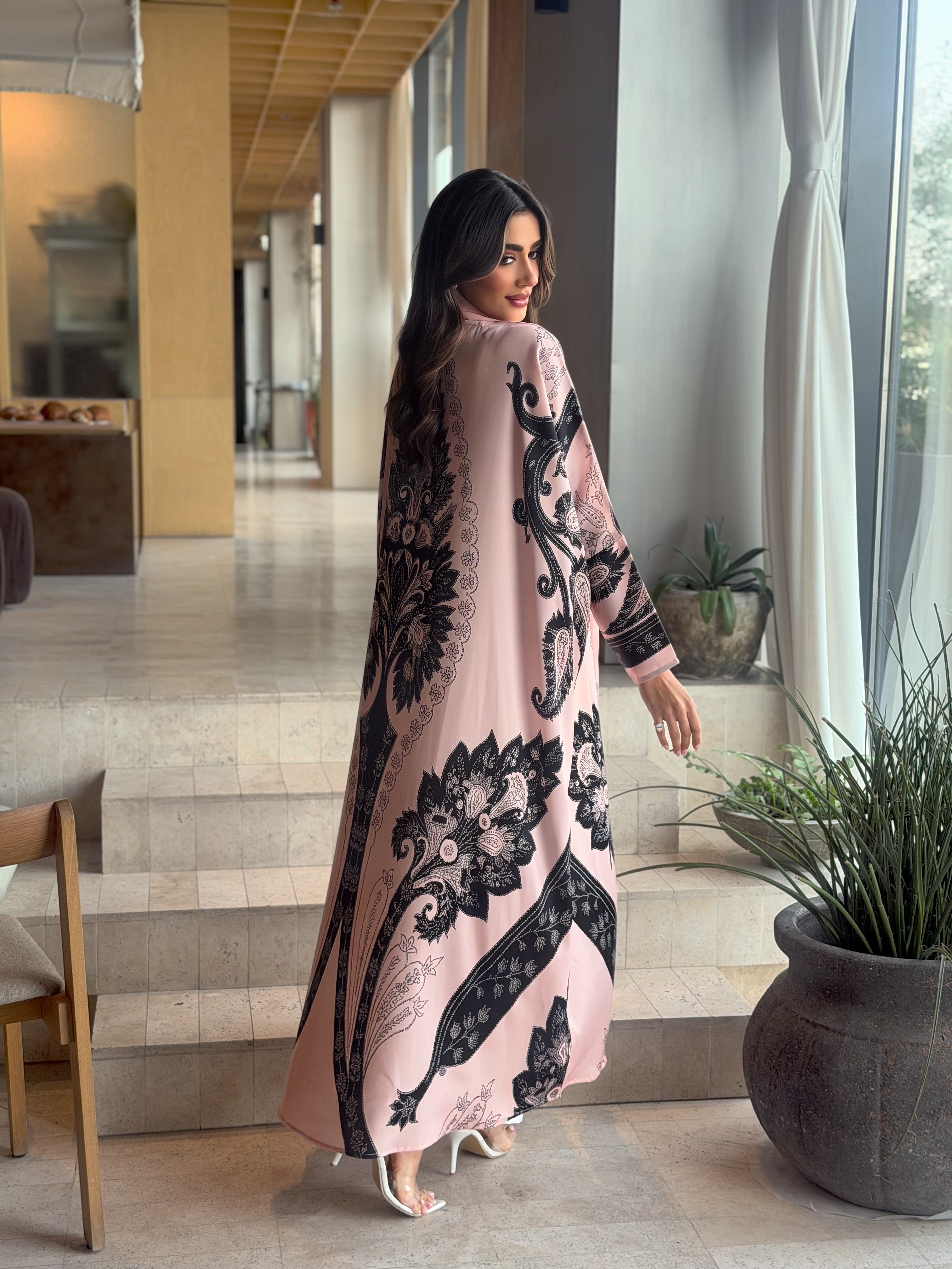 AT593 Blush Pink print Half Bisht Abaya