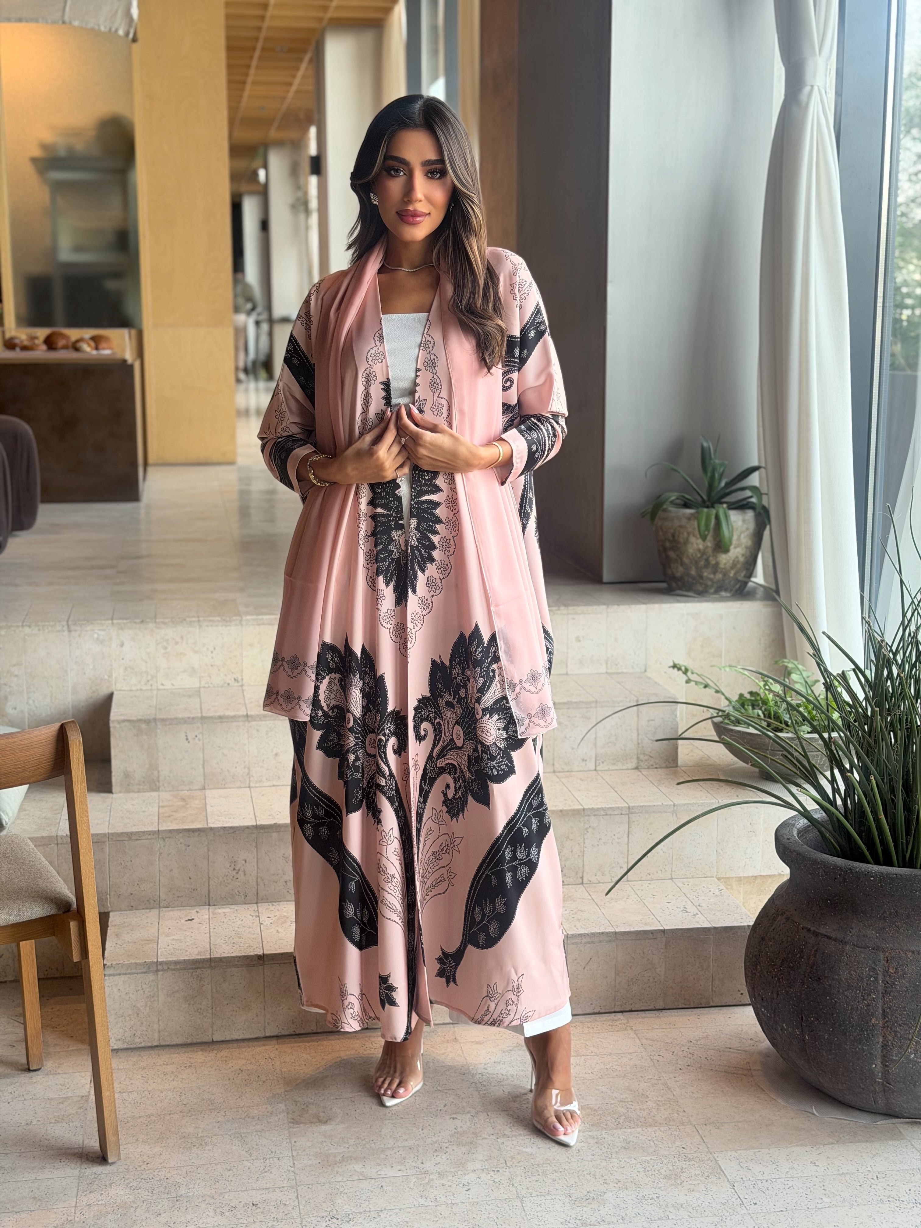 AT593 Blush Pink print Half Bisht Abaya