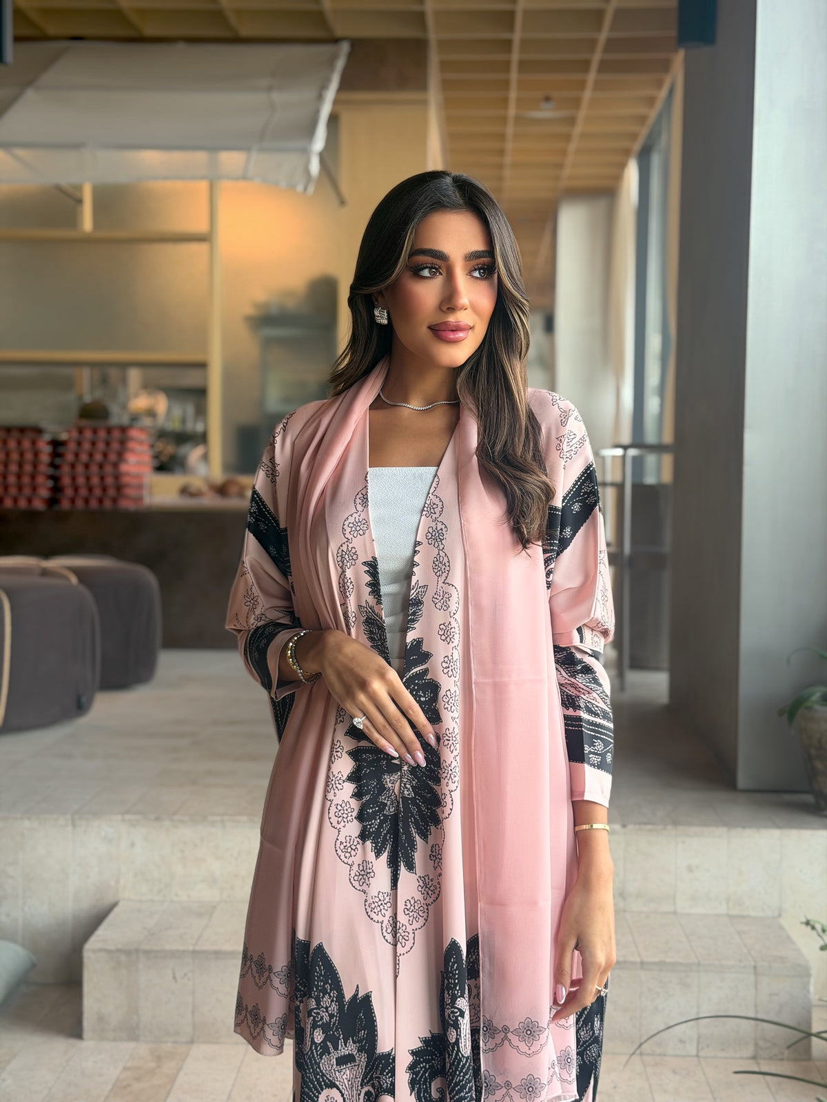 AT593 Blush Pink print Half Bisht Abaya