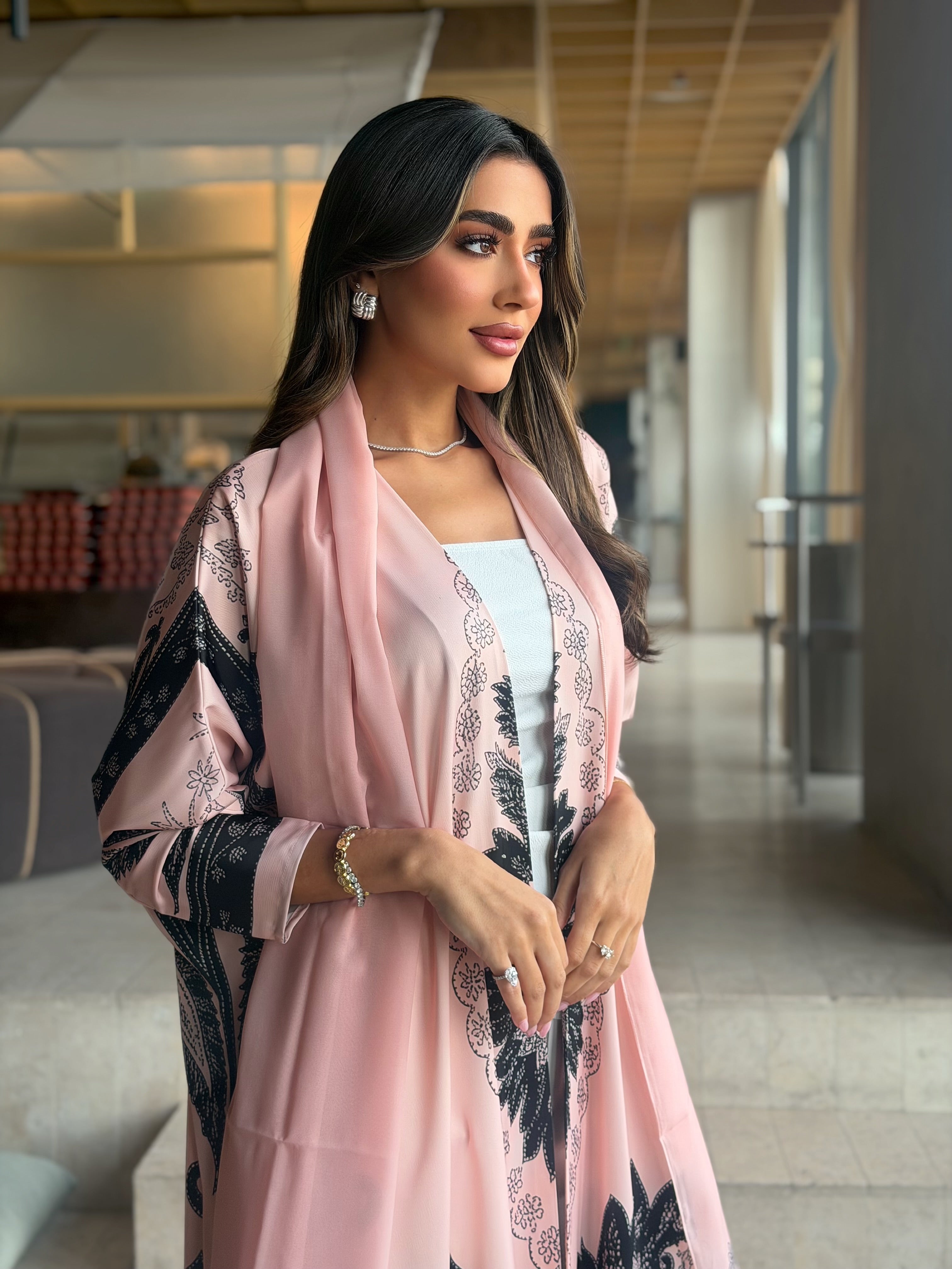 AT593 Blush Pink print Half Bisht Abaya
