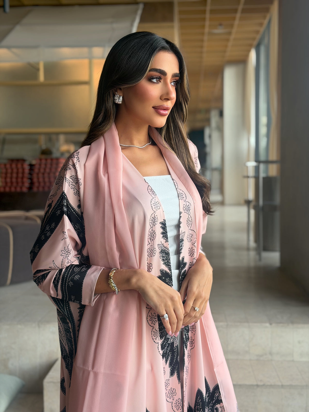 AT593 Blush Pink print Half Bisht Abaya