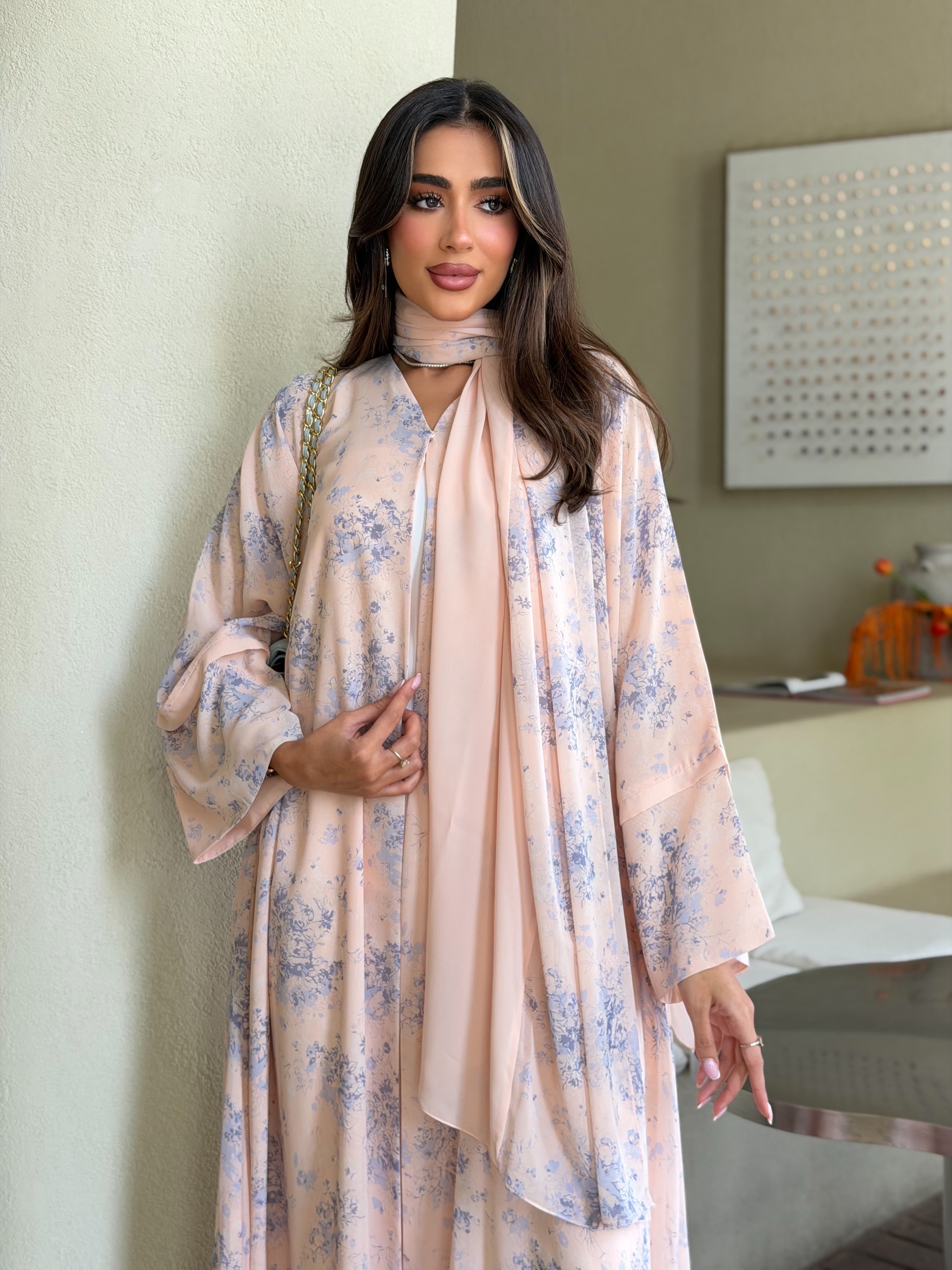 AT566 Blush Bloom Double Chiffon Bisht Abaya