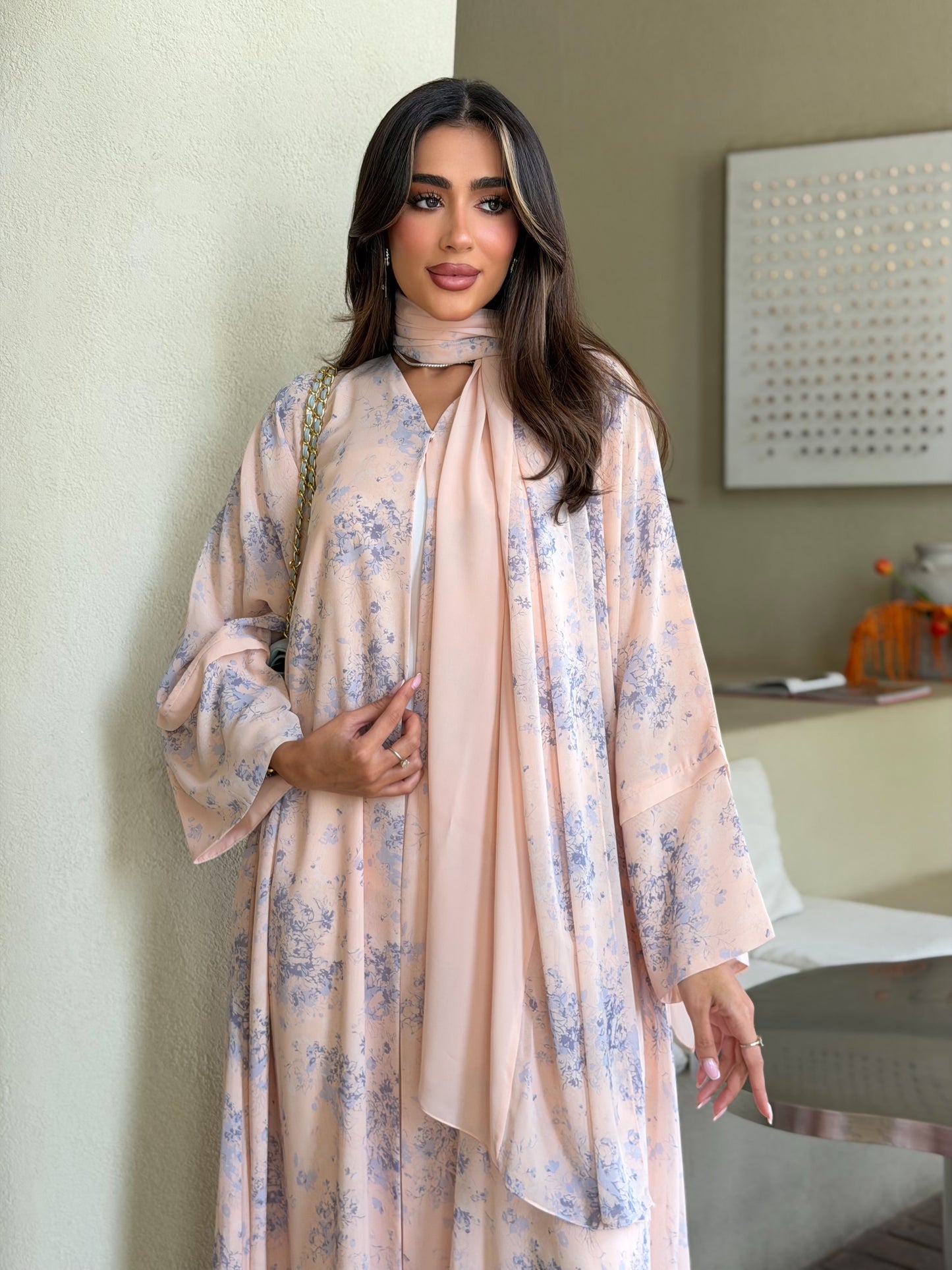 AT566 Blush Bloom Double Chiffon Bisht Abaya