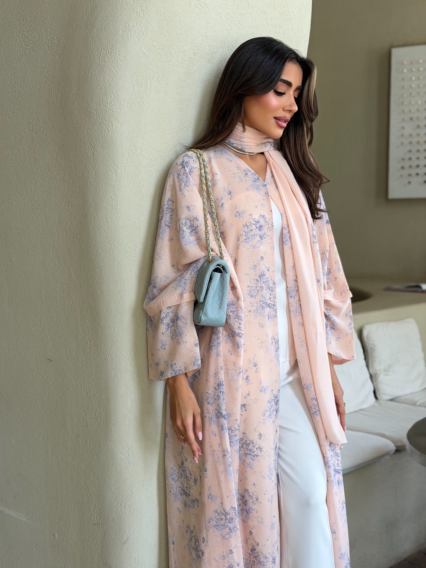 AT566 Blush Bloom Double Chiffon Bisht Abaya