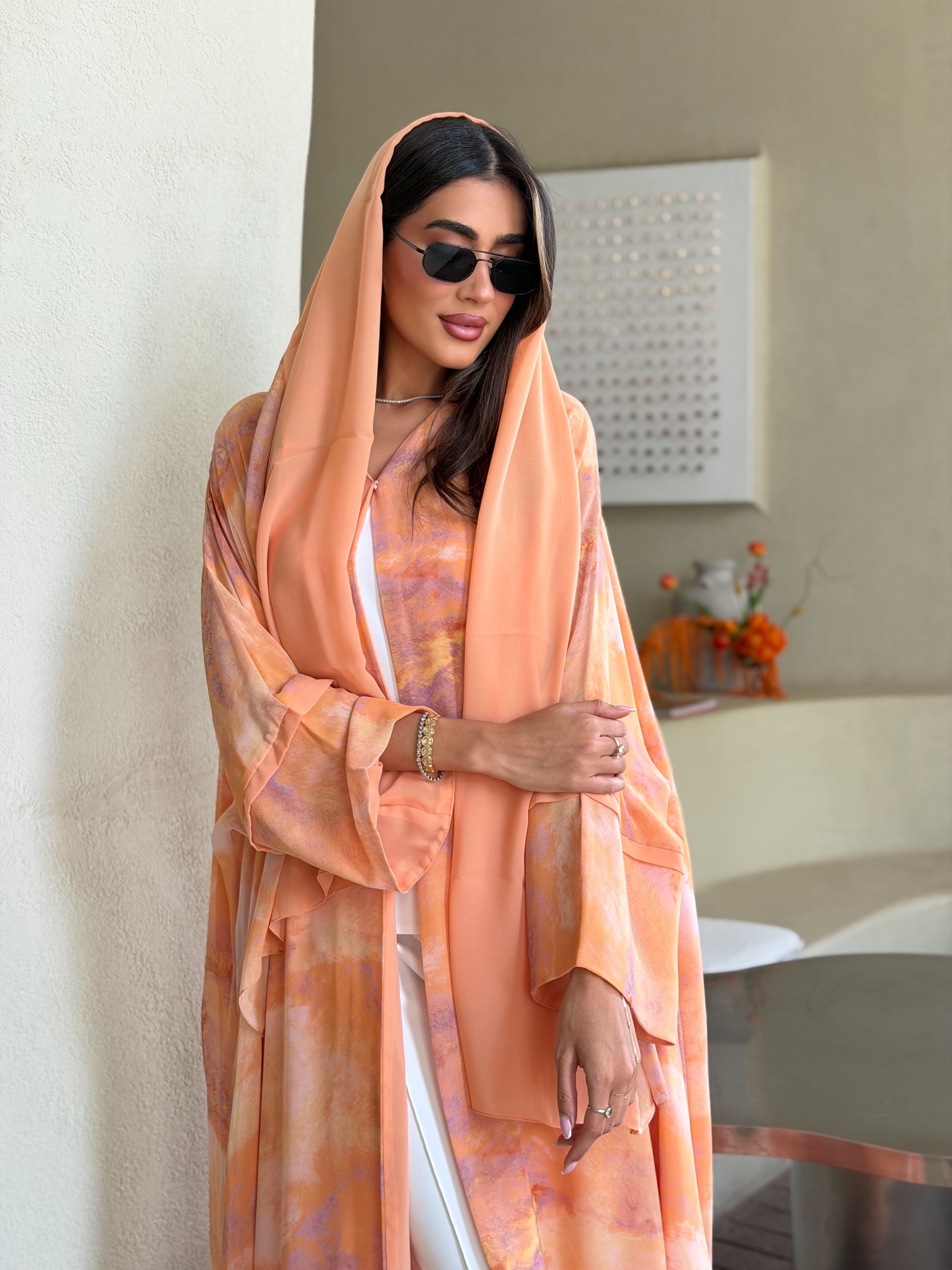 AT565 Sunset Bloom Double Chiffon Bisht Abaya