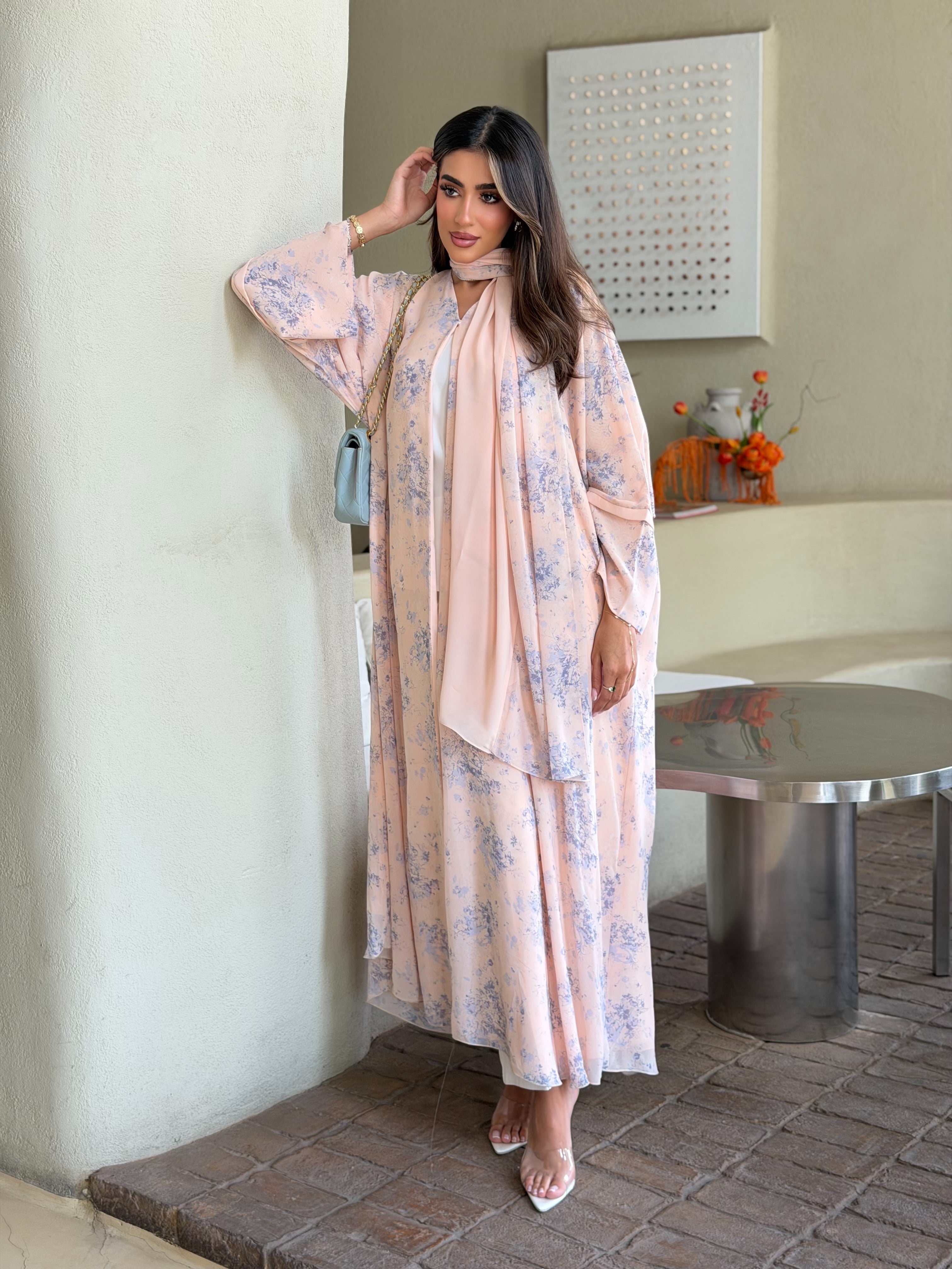 AT566 Blush Bloom Double Chiffon Bisht Abaya