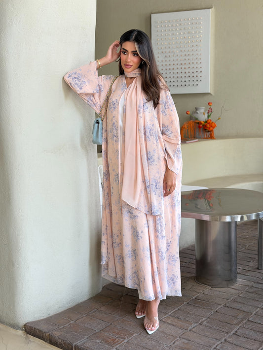 AT566 Blush Bloom Double Chiffon Bisht Abaya